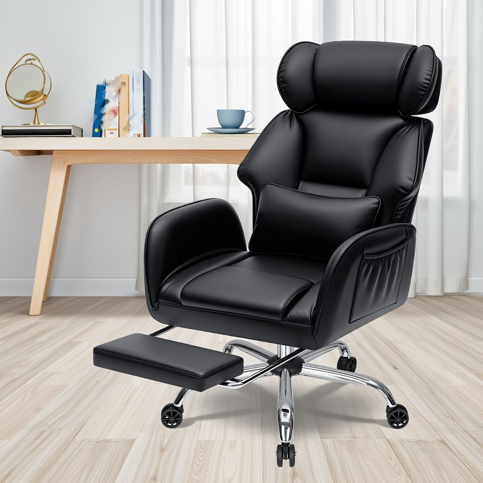 Hoffree Chefsessel Ergonomischer Bürostuhl Schreibtischstuhl Gaming Stuhl 200kg Belastbar (Breiter Sitz, 6cm höhenverstellbare Kopfstütze, 135° neigbar, PU Leder), Drehstuhl mit klappbarer Armlehnen,Fußstütze, extra dickes Sitzpolster