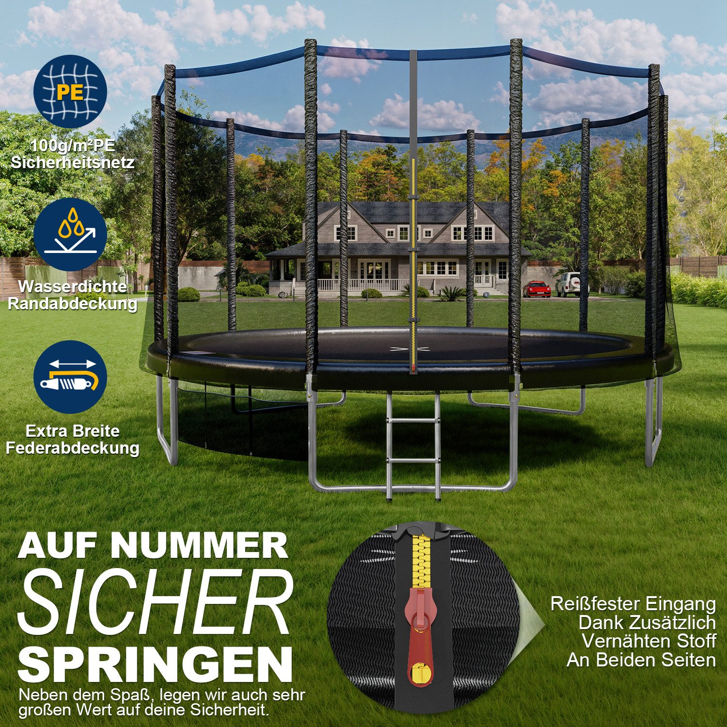HOMALL Gartentrampolin Ø 228 cm Kindertrampolin Outdoor Trampolin, Ø 366 cm, (Mit Sicherheitsnetz, Sprungtuch und Leiter Ø228/305/366CM,Verstärkte Halterung)