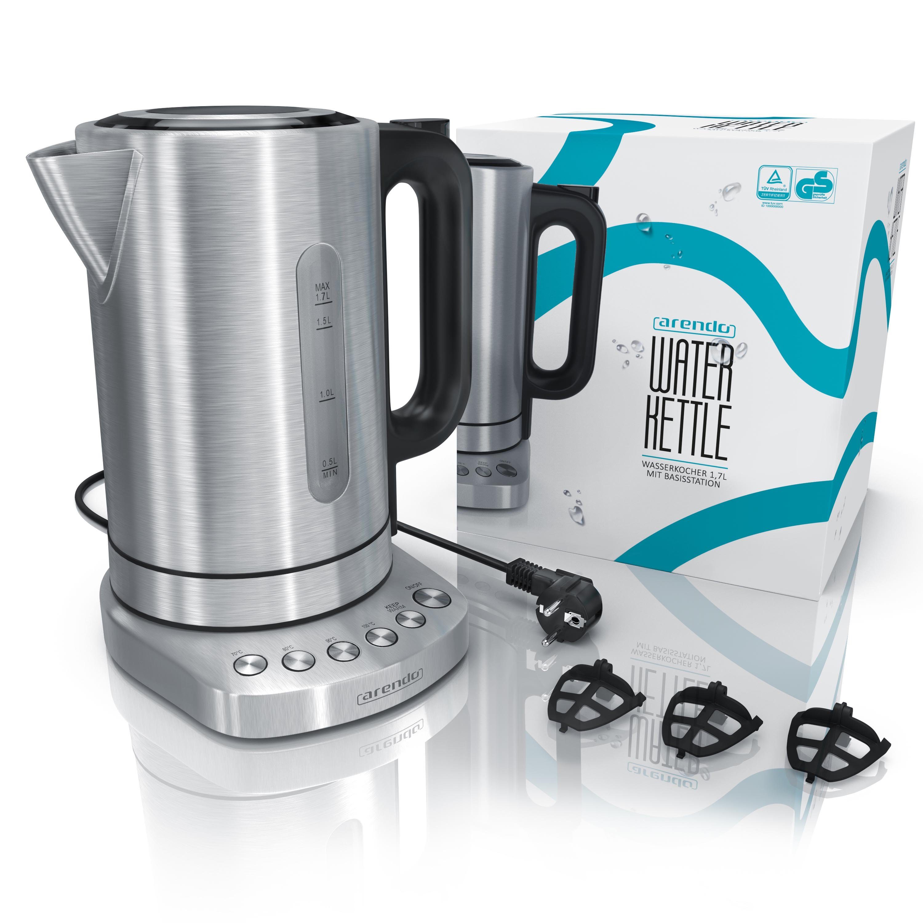 Arendo Wasserkocher aus Edelstahl, mit Temperatureinstellung, Warmhaltefunktion 30min, 1,7 l, 3000 W, einstellbare Temperatur 70° C - 100° C, Schnellkoch, Kalkfilter