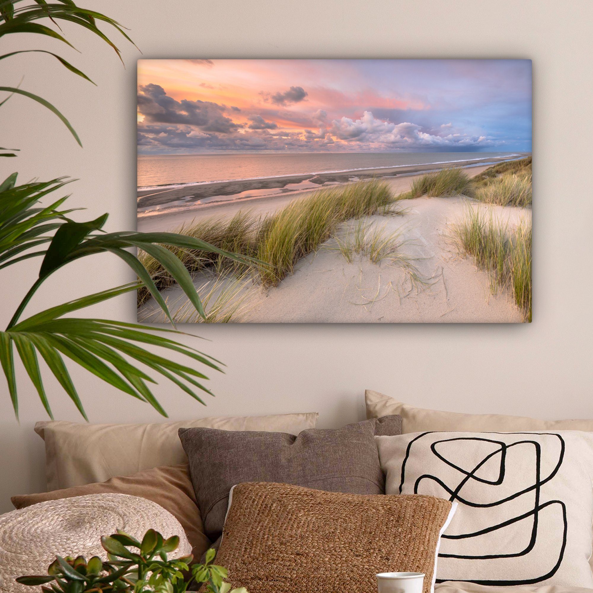 OneMillionCanvasses® Leinwandbild Strand - Meer - Dünen - Niederlande - Rosa, Fotodruck (1 St), Leinwände Wanddeko Wohnzimmer Schlafzimmer 60x40 cm