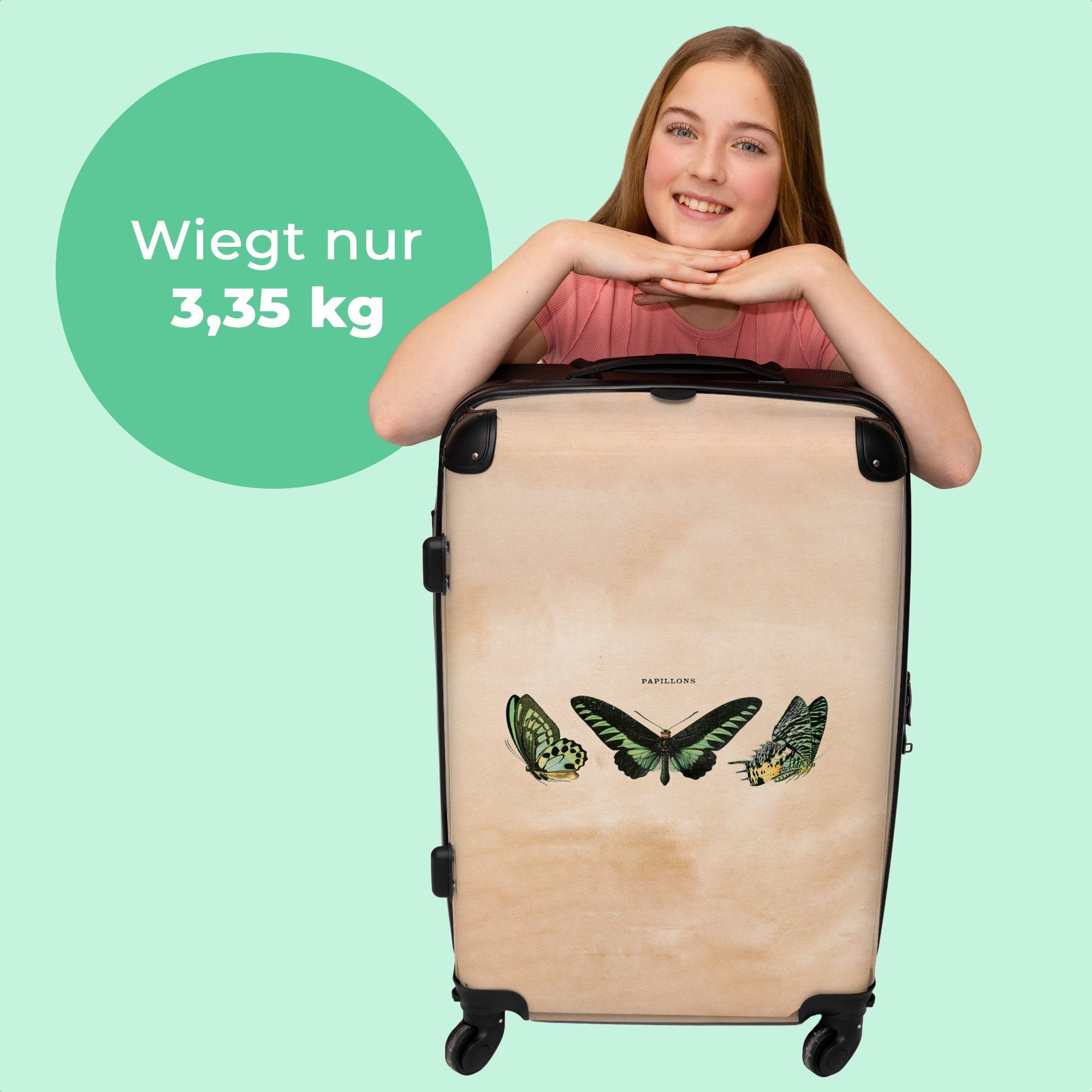 Reisekoffer Rollkoffer Koffer Kunst, - Aufgabegepäck Rollen, Illustration 67x43x25cm - Rollen 4 Grün - - NoBoringSuitcases.com© 4 - Vintage Trolley mit Schmetterling Große