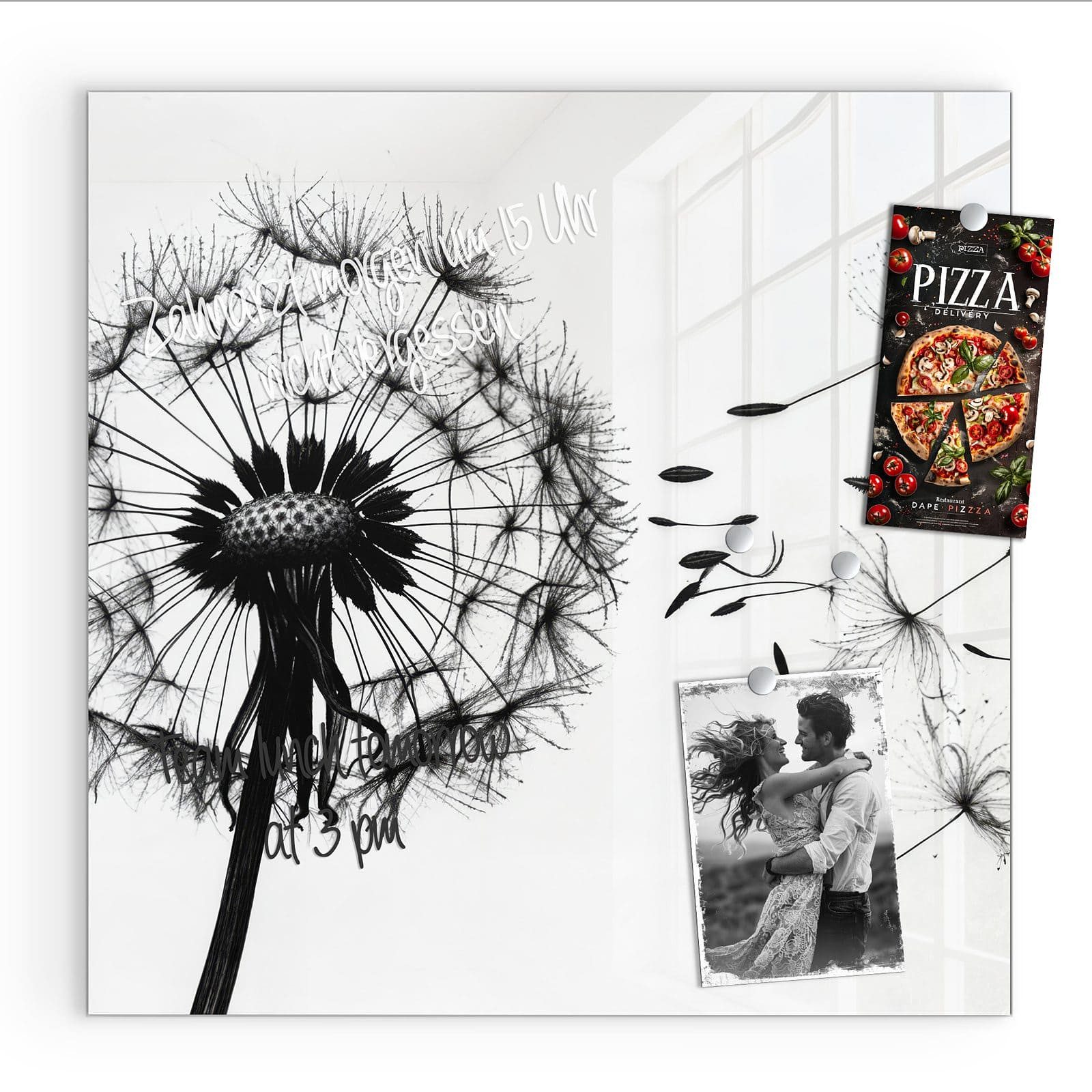 Primedeco Magnettafel Glas Pusteblume Pinnwand Whiteboard beschreibbar, (Inklusive Stift, Magnete und Montagematerial, 1-tlg., 9 verschiedene Größen), Magnetisch und Beschreibbar