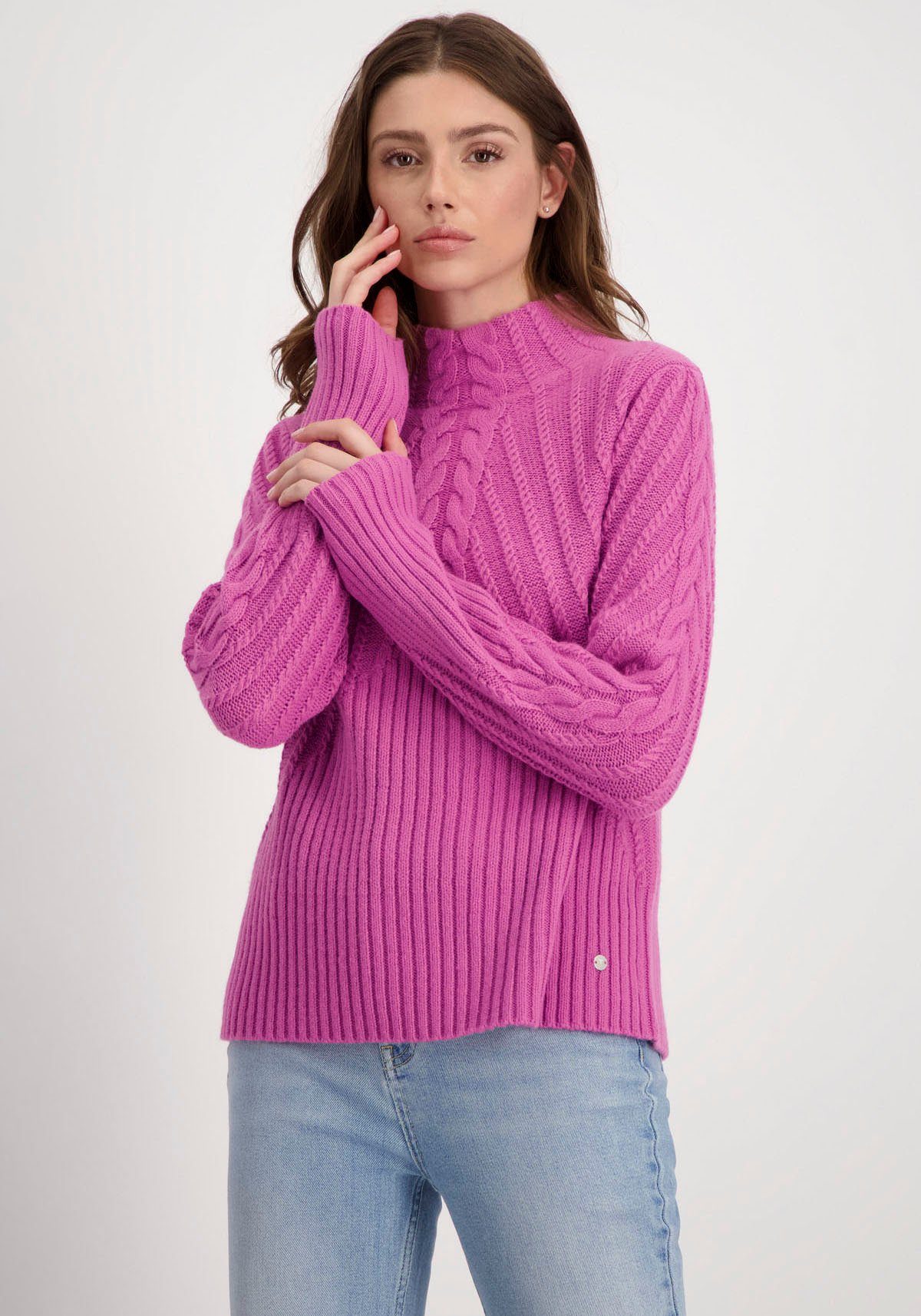 Monari Stehkragenpullover Pullover Zopfmix mit Zopfmuster und Rippstruktur deep pink