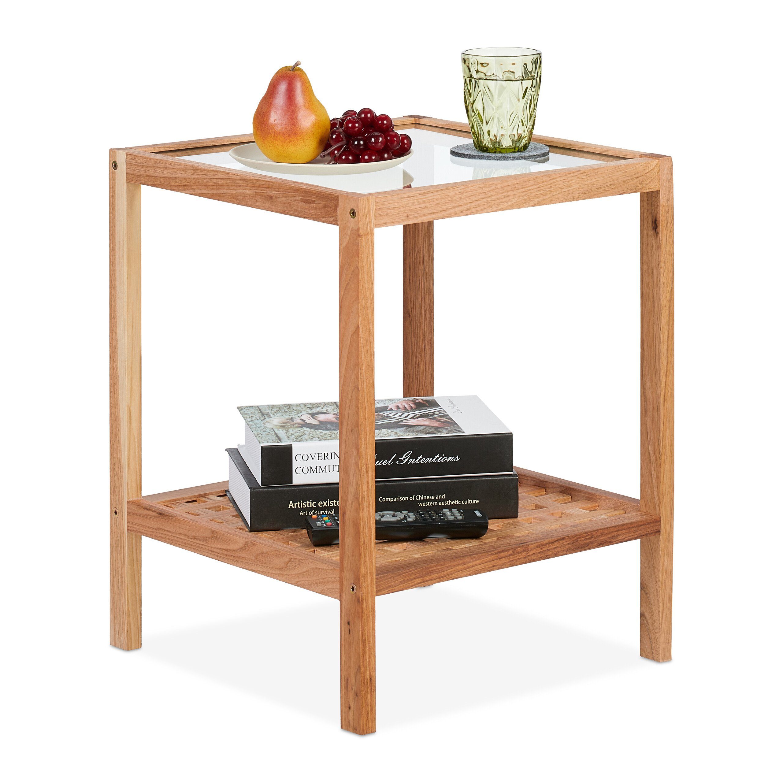 relaxdays Beistelltisch mit Glasablage Walnussholz günstig online kaufen