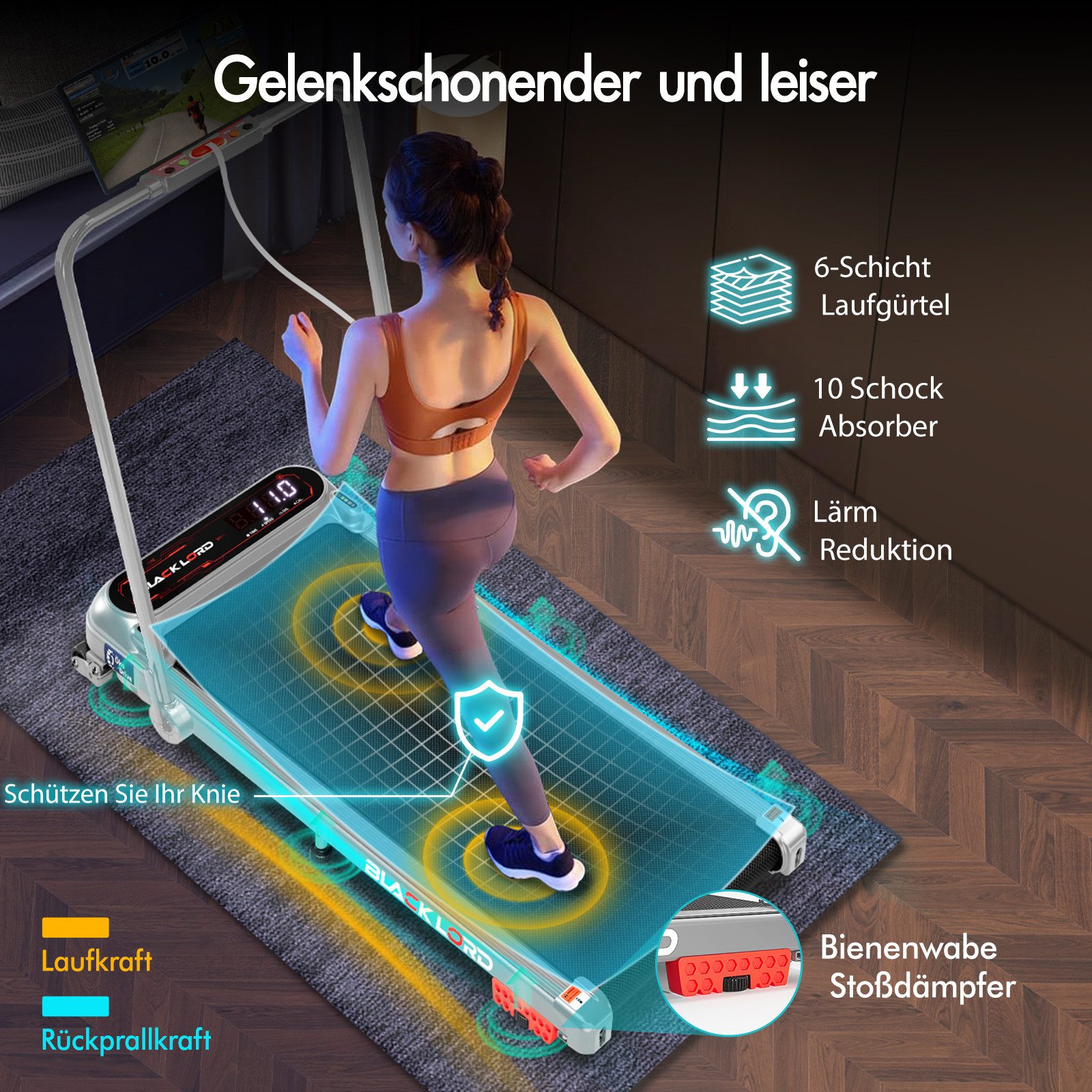 BLACK LORD Laufband 3,0PS Motor, 12 km/h, mit Steigung, Bluetooth App Steuerung, 390mm, 3 Stufen Neigung, LED Display, Fernbedienung, Untertisch