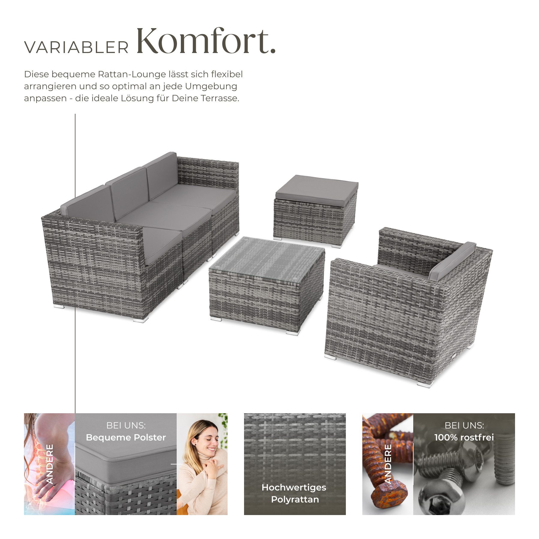 tectake Loungeset Rattan Sitzgruppe mit Sicherheitsglasplatte, für 4 bis 5 Personen, (Gartenlounge-set Lignano, 6-tlg., geeignet für Outdoor in Grau), widerstandsfähig und UV-beständig, variabel aufstellbar