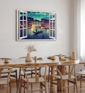 Sinus Art Leinwandbild Wandbild 120x80cm Fensterbild Venedig Italien Gondel Nacht Lichter Kan, (1 St)