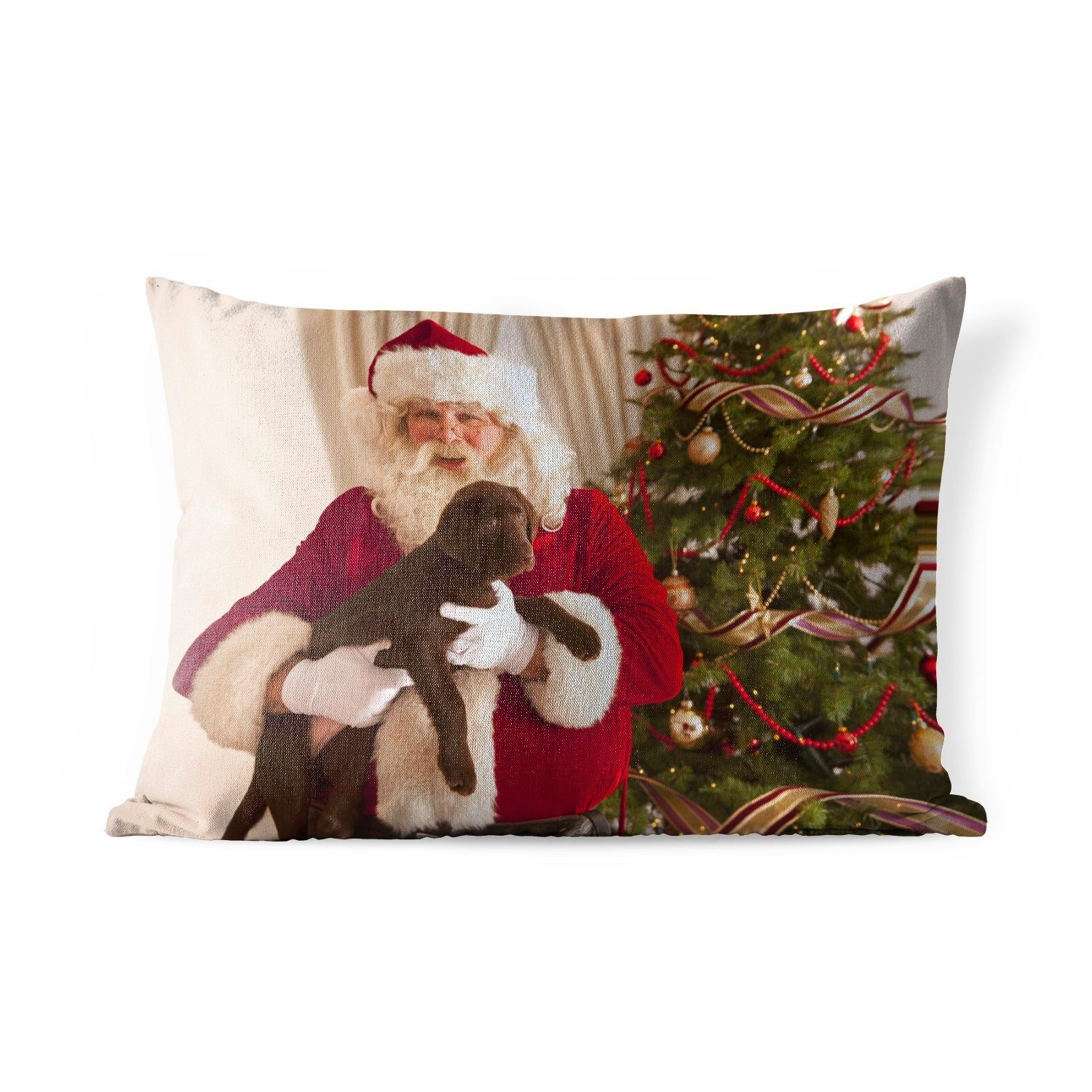 MuchoWow Dekokissen Der Weihnachtsmann mit einem braunen Hund in den Händen, Outdoor-Dekorationskissen, Polyester, Dekokissenbezug, Kissenhülle