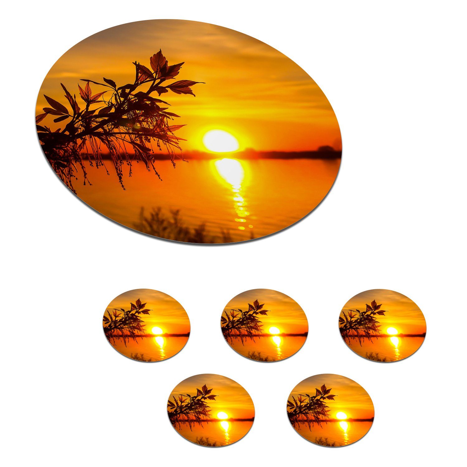 MuchoWow Glasuntersetzer Sonnenuntergang - Wasser - Pflanzen - Orange, Zubehör für Gläser, 6-tlg., Getränkeuntersetzer, Tassenuntersetzer, Korkuntersetzer, Tasse, Becher