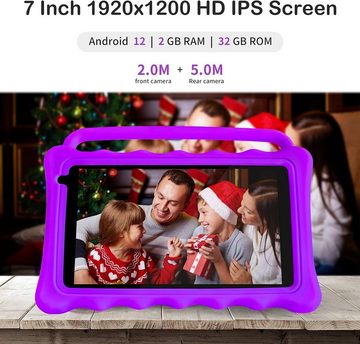 BYYBUO Verstecktes Ständerdesign Tablet (7", 32 GB, Android 12, 2,4G+5G, Für Kinder, 1920x1200 Full HD Display mit kinderfreundlicher Hülle)
