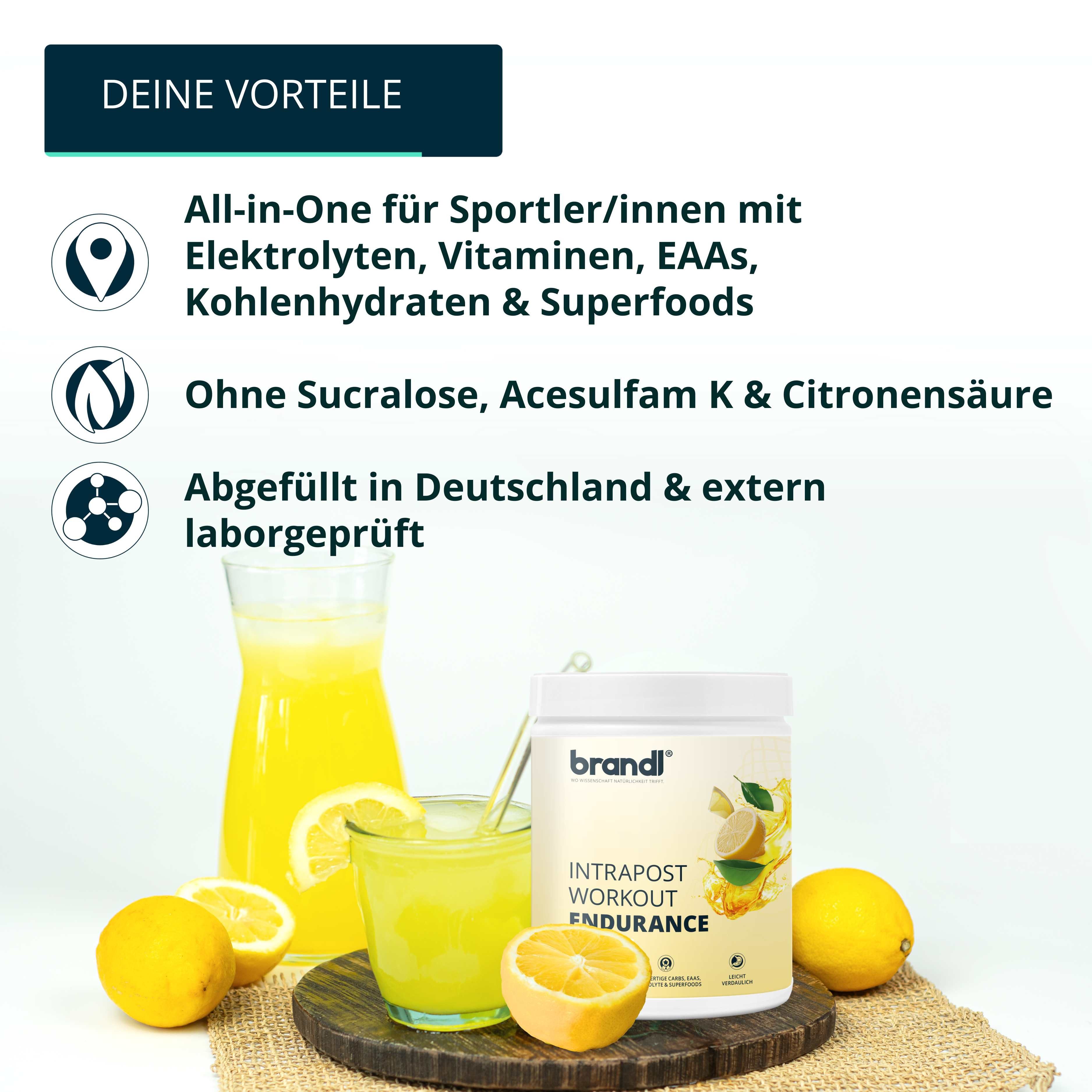 Brandl Nutrition Sport all-in-One Ausdauer-Drink Endurance - hochwertige Elektrolyte Pulver, Isotonisches Getränkepulver lemon by brandl® - 600g Intrapost
