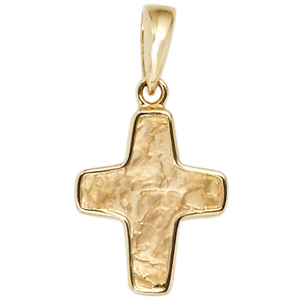 Gold Krone Goldkreuz Halsschmuck, Gelbgold Kreuz Kettenanhänger 585 Anhänger 585 Schmuck Gold teilgehämmert