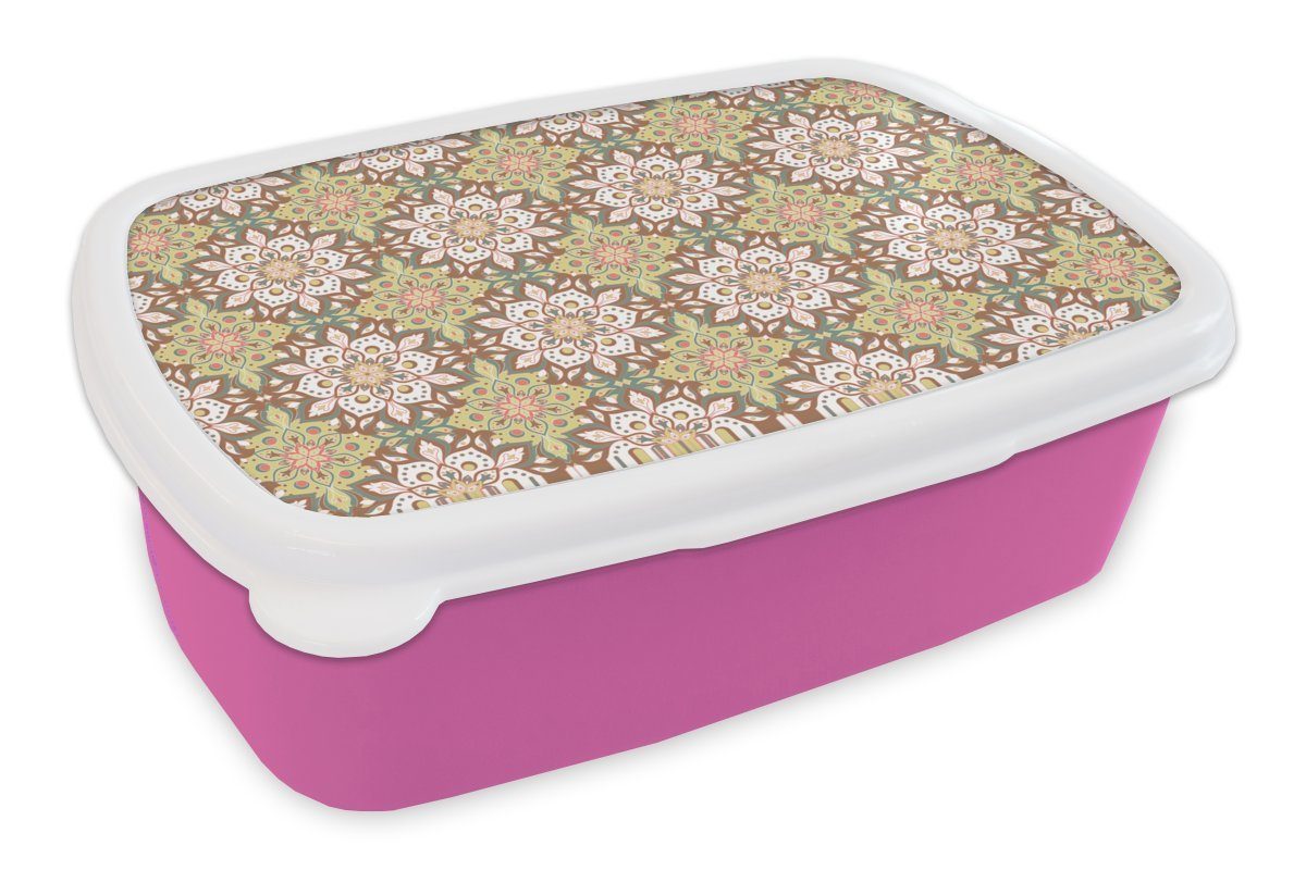 MuchoWow Lunchbox Mandala - Bohème - Muster, Kunststoff, (2-tlg), Brotbox für Erwachsene, Brotdose Kinder, Snackbox, Mädchen, Kunststoff rosa