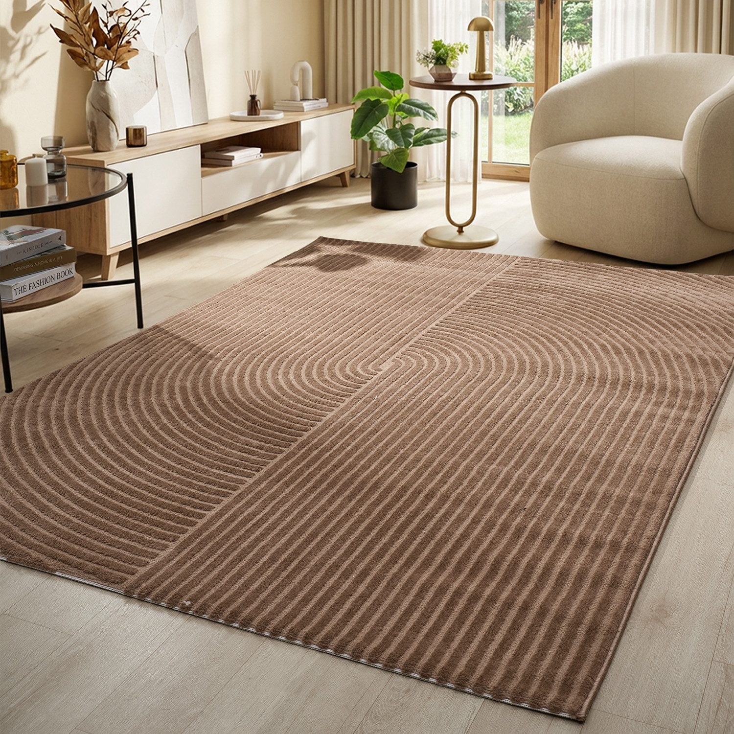 Vimoda Teppich Wohnzimmer Boho Design dünn kurzflur teppich, Rechteckig, Höhe: 6 mm, Hoch Tief Effekt 3D Teppich, in Creme, Grau &Taupe Läufer Schlafzimmer