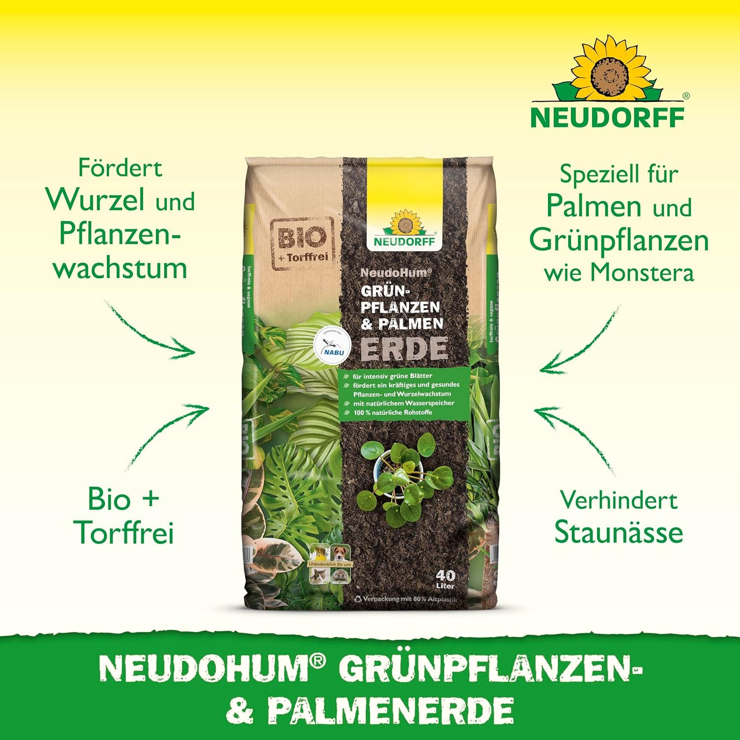 Neudorff Blumenerde Neudorff NeudoHum Grünpflanzen- & PalmenErde 40 L, (Einzelartikel), Torffreie Spezialerde für Grünpflanzen und Palmen.