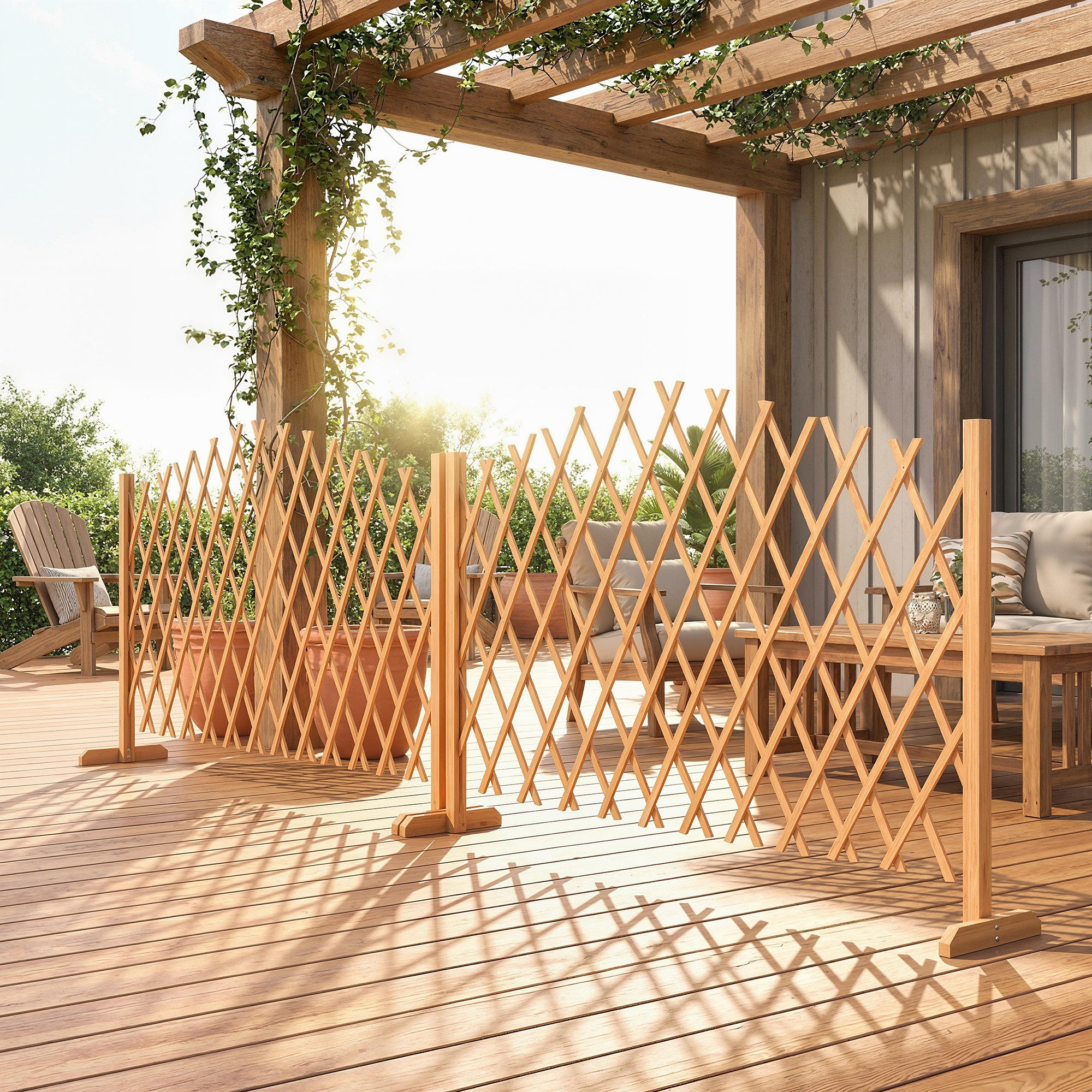 Outsunny Zaun freistehender Scherensperre mit Standfüßen, (Absperrgitter, 2-St., Scherengitter), für Garten, Balkon, Terrasse Holz 180 x 30 x 103 cm Braun