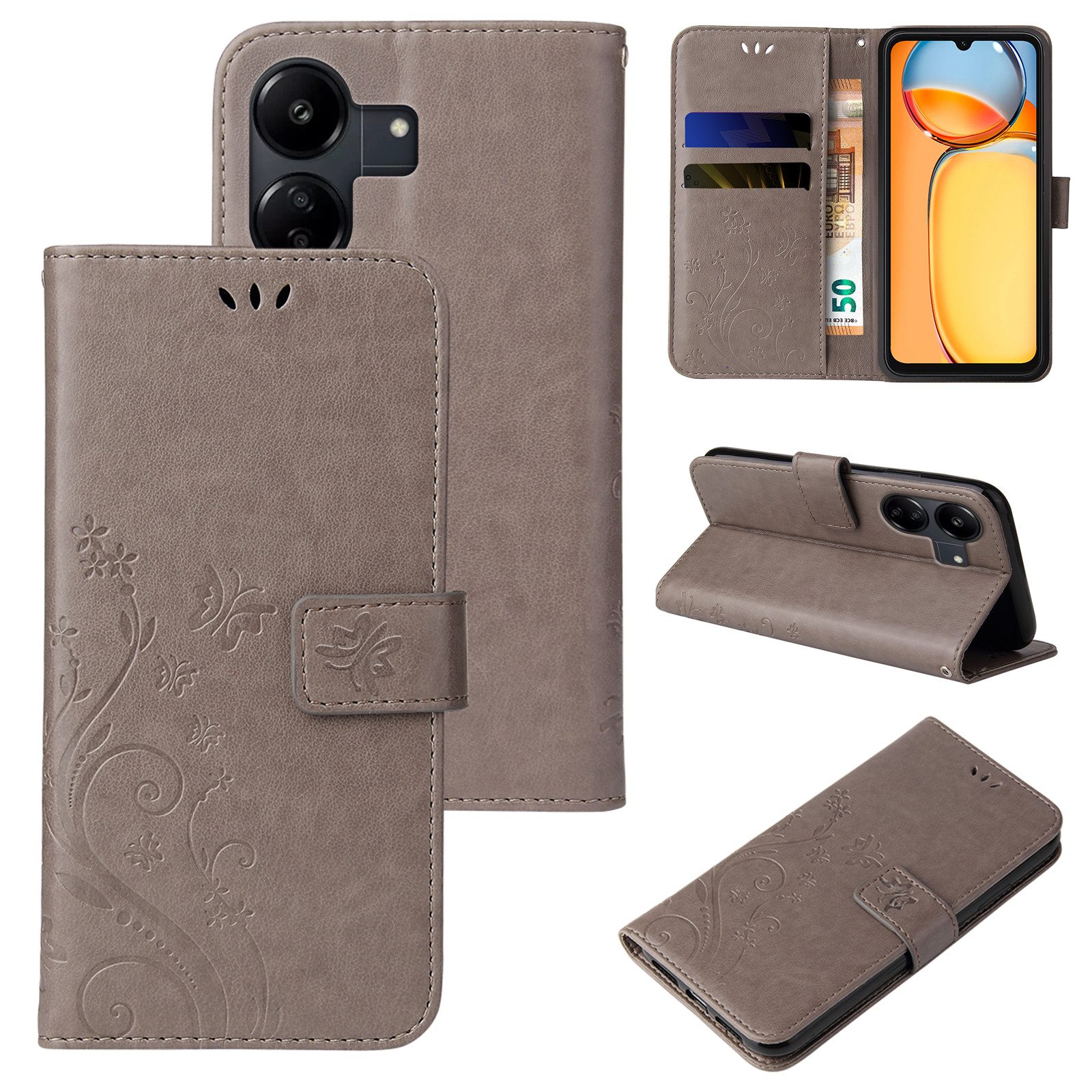 Tec-Expert Handyhülle Cover Tasche Hülle für Xiaomi Redmi 13C 6,74 Zoll, Klapphülle Case mit Kartenfach Fliphülle aufstellbar, Motiv Blumen