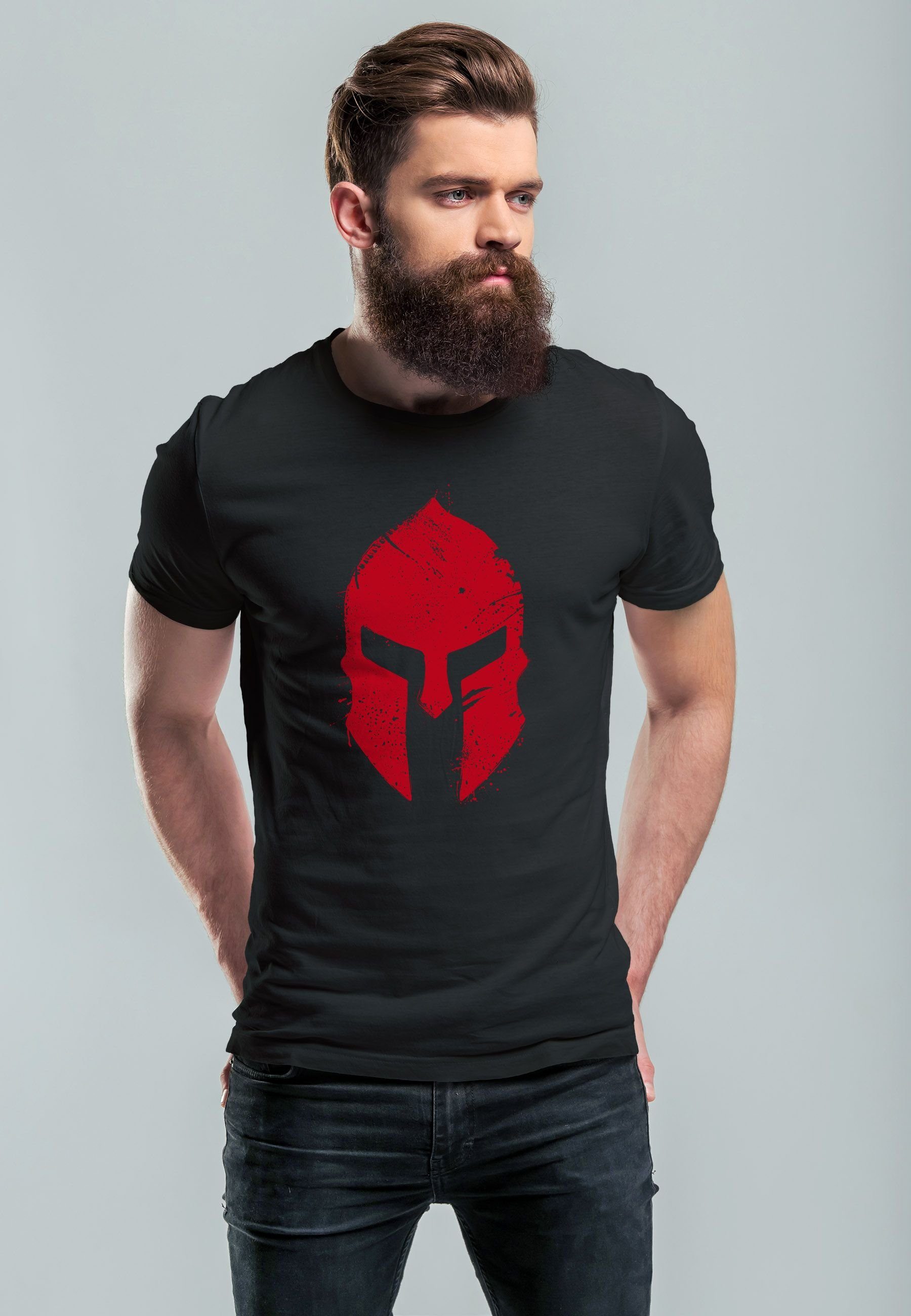 Neverless Print-Shirt T-Shirt Aufdruck Print schwarz Print Sp Herren mit Krieger Warrior Sparta-Helm Gladiator