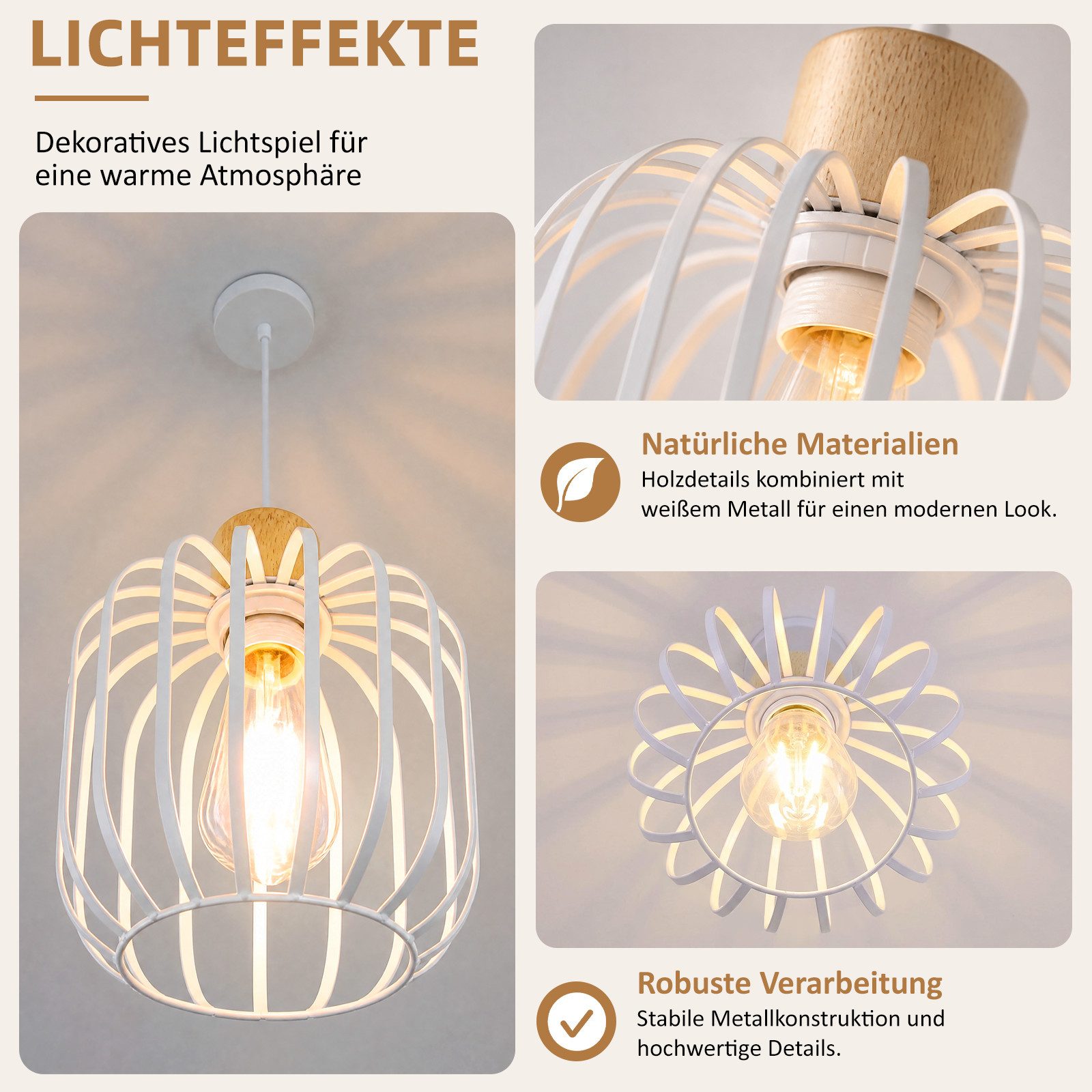 Nettlife Pendelleuchte Weiß/grau 1/3flammig Holz moderne Hängelampe E27 Fassung, ohne Leuchtmittel, für Esstisch Wohnzimmer Küche Flur Kücheninsel – Bild 4 von 5