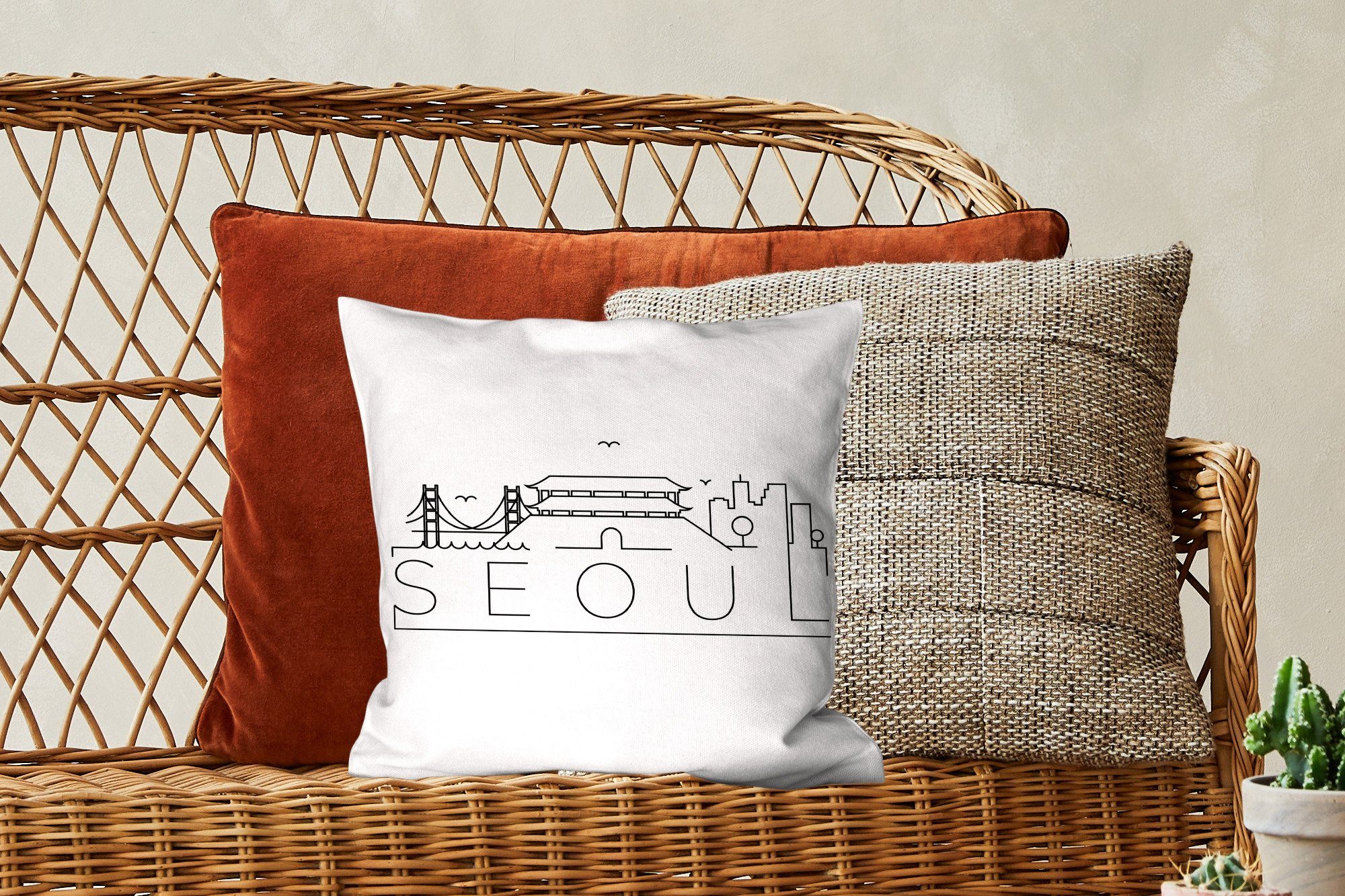 mit schwarz Schlafzimmer, Füllung Dekokissen für "Seoul" Skyline auf Sofakissen Deko, Wohzimmer, Zierkissen weiß, MuchoWow