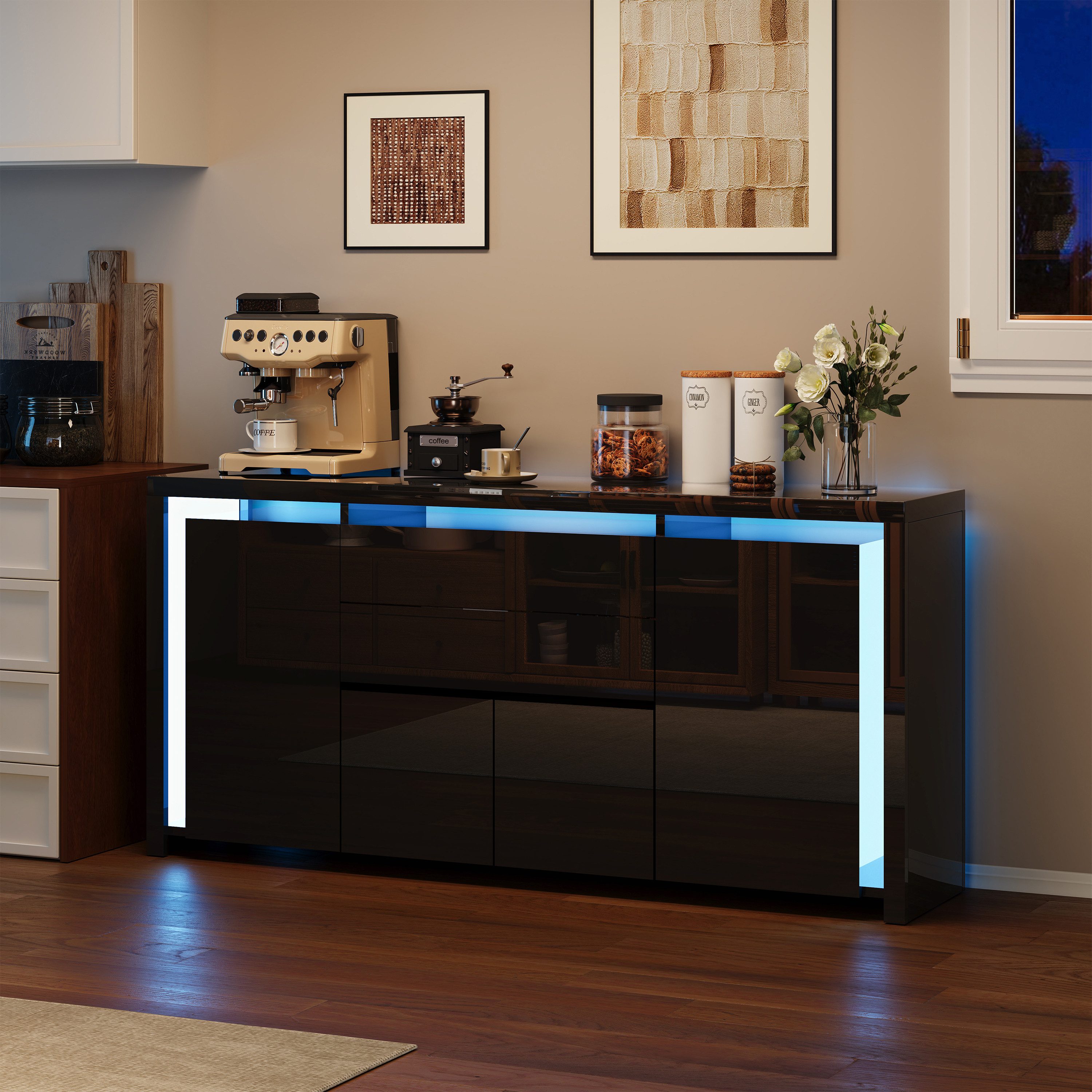 PXloue Kommode Hochglanz Sideboard (LED-Ambientebeleuchtung) Breite 160 cm, Beistellschrank mit 4 Fächern und 2 Schubladen( Push-to-open-Funktion)
