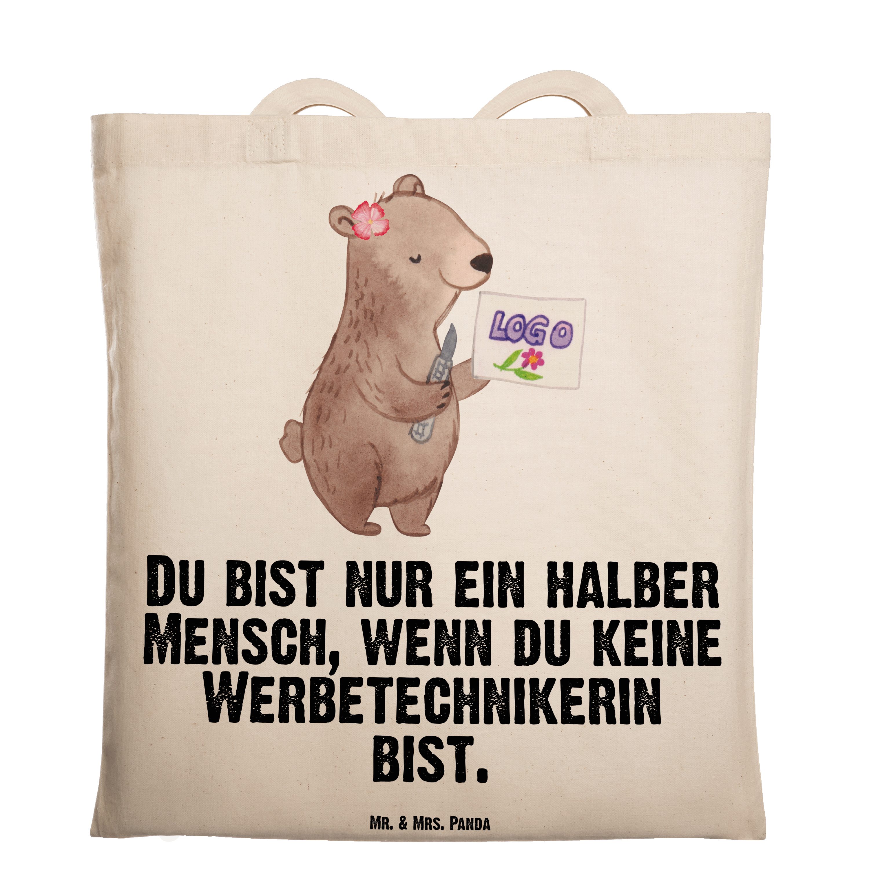 Mr. & Mrs. Panda Tragetasche Werbetechnikerin mit Herz - Transparent - Geschenk, Dankeschön, Juteb (1-tlg) | Canvas-Taschen