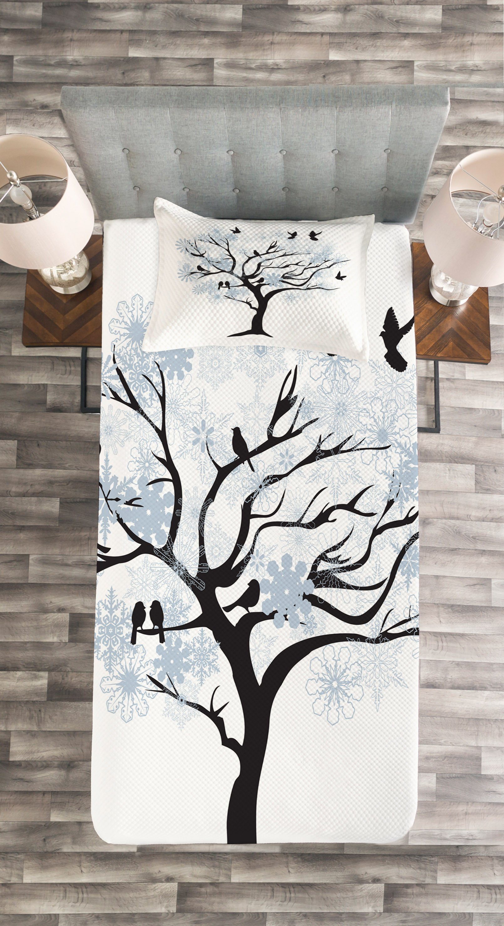 Zweige Snowy-Bäume Vögeln mit Waschbar, Abakuhaus, Kissenbezügen mit Set Tagesdecke