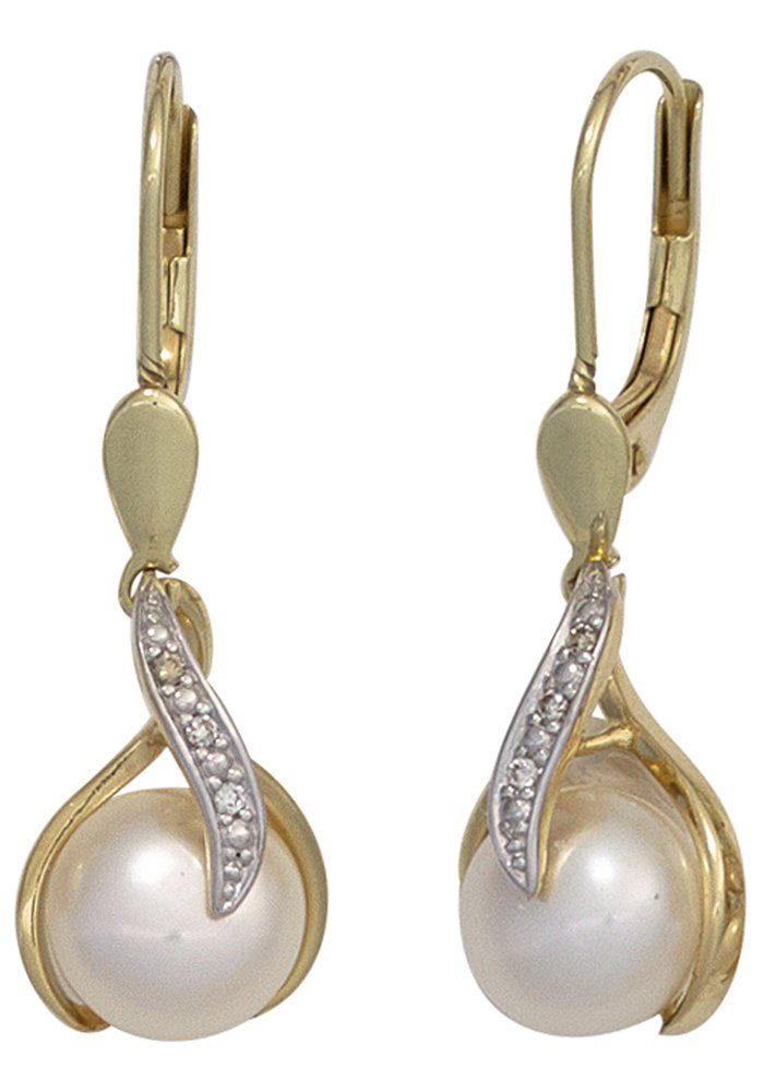 JOBO Perlenohrringe, 585 Gold mit 6 Diamanten und Süßwasser-Zuchtperlen
