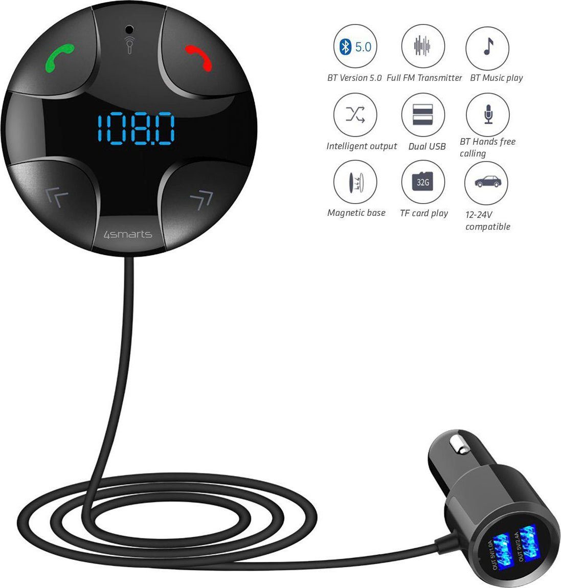 Image of 4smarts »KfZ Bluetooth FM Transmitter mit Ladefunktion« KFZ-Transmitter, 110 cm