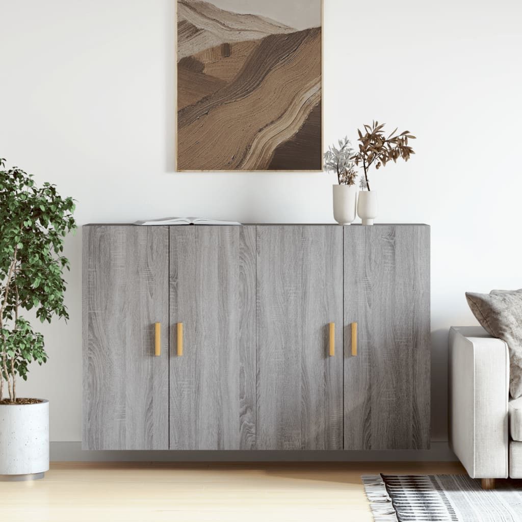 furnicato Wandhängeschrank Wandschrank Grau Sonoma 69,5x34x90 cm aus Holzwerkstoff und Massivholz, 2-tlg., Stabiles Hängeschrank-Set mit viel Stauraum als Sideboard-Aufsatz