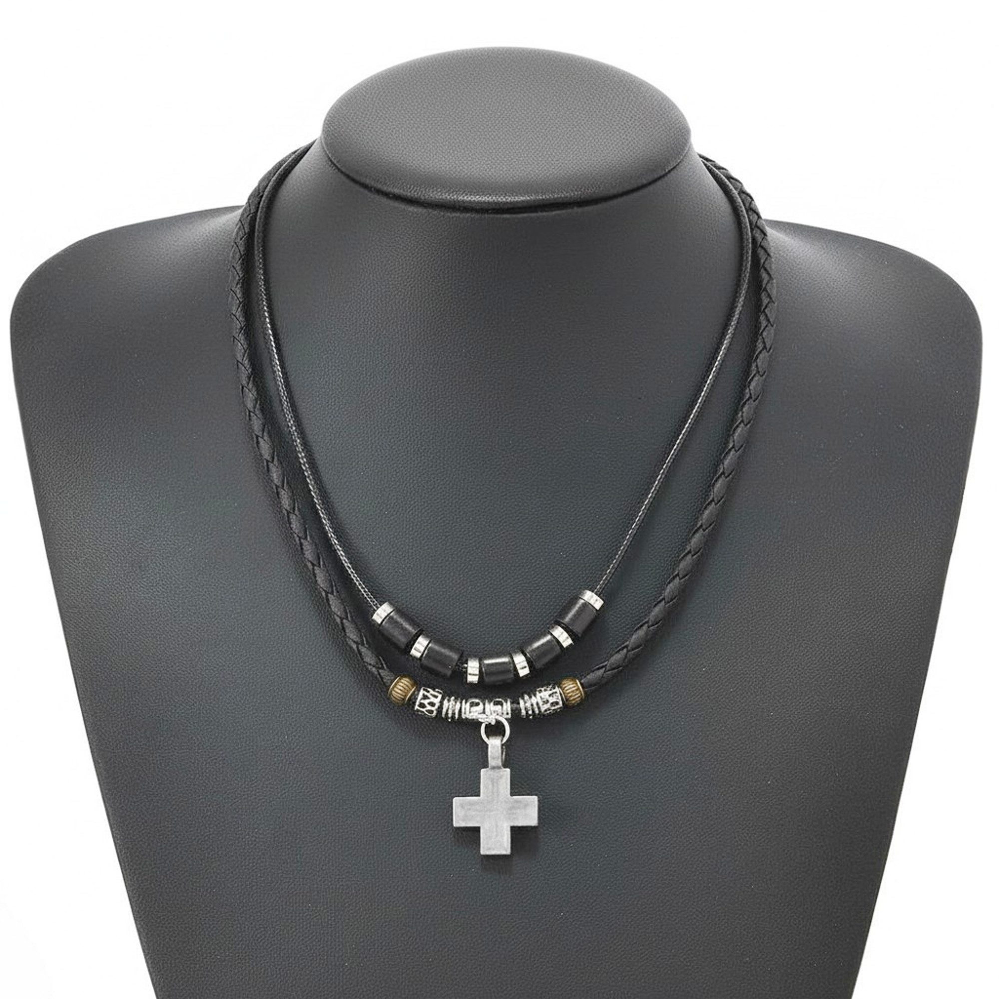 KARMA Kette mit Anhänger mehrreihig Surfer Style Kreuz Schwarz Herren PU Le günstig online kaufen