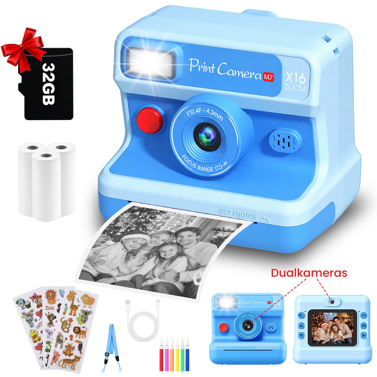 Whraills Kinderkamera Sofortbildkamera,Dualkameras,1080P mit 2,4" Bildschirm Sofortbildkamera (inkl. 32GB TF Karte,3 Rollen Druckpapier,3 Aufklebern,6 Filzstifte, 30MP Sofortbildkamera Kinderspielzeug Geschenk für Kinder 3-14 Jahren)