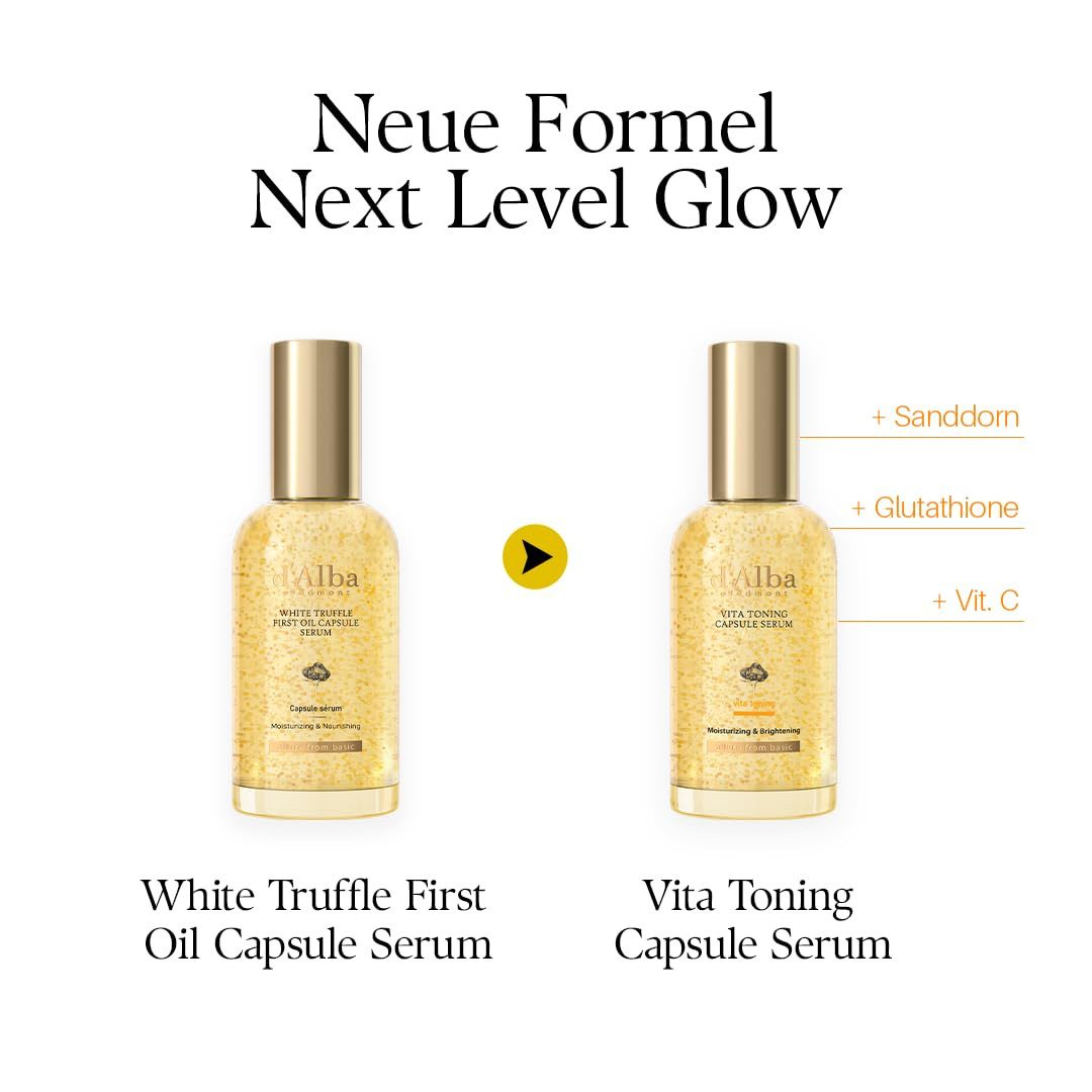 d'Alba Gesichtsserum Piedmont Vita Toning Capsule Serum – 100 ml Vita-Kapsel-Technologie mit Weißem Trüffel-Extrakt, Täglicher Vitamin-Boost für Strahlende Haut