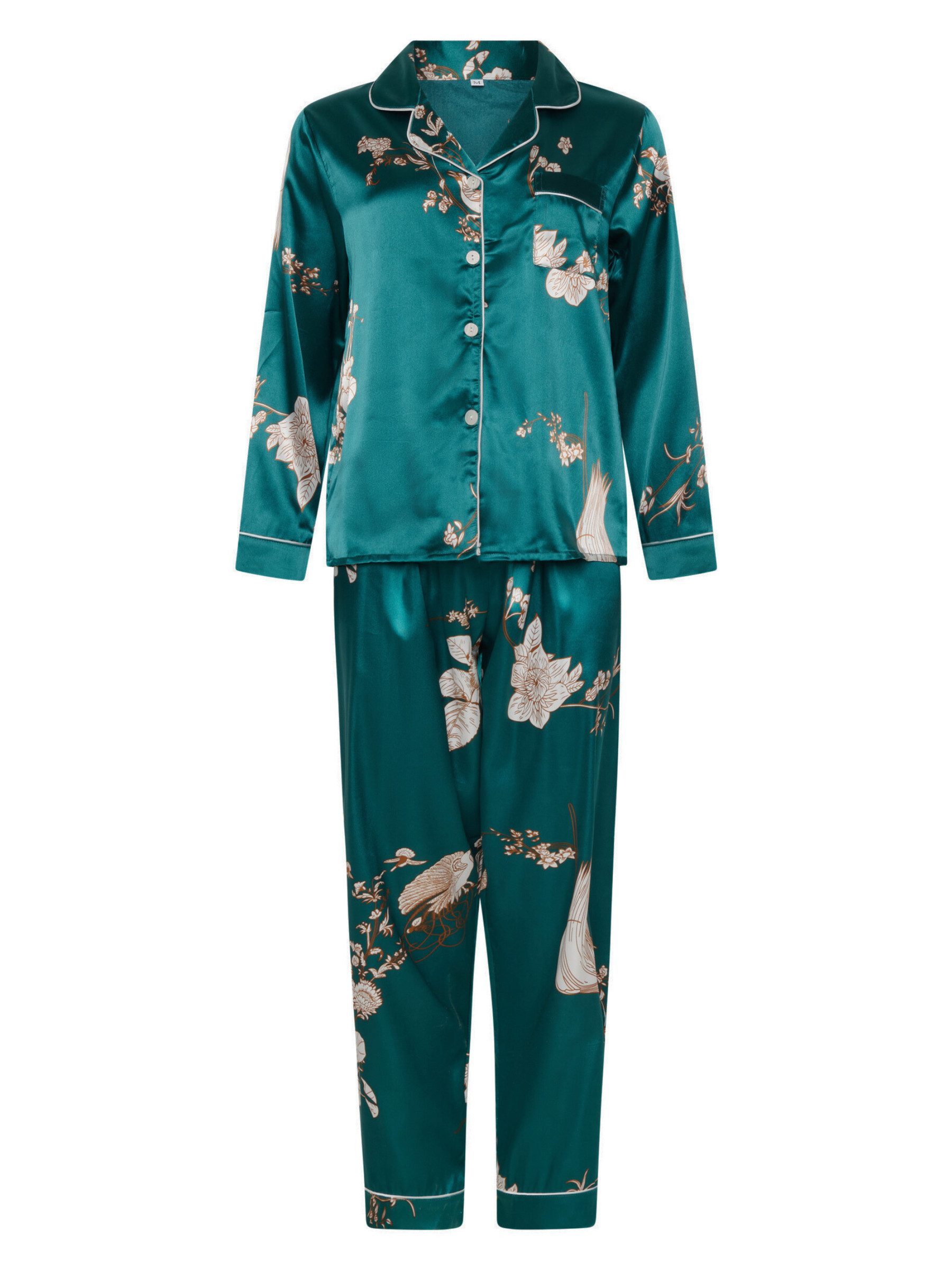 Elegant Love Schlafanzug Lässige Satin Loungewear – Bequeme Nachtwäsche mit Blumendruck (Set, 2 tlg., Langarm-Oberteil mit langer Hose) Komfortabler Pyjama – Elegante Homewear für entspannte Nächte