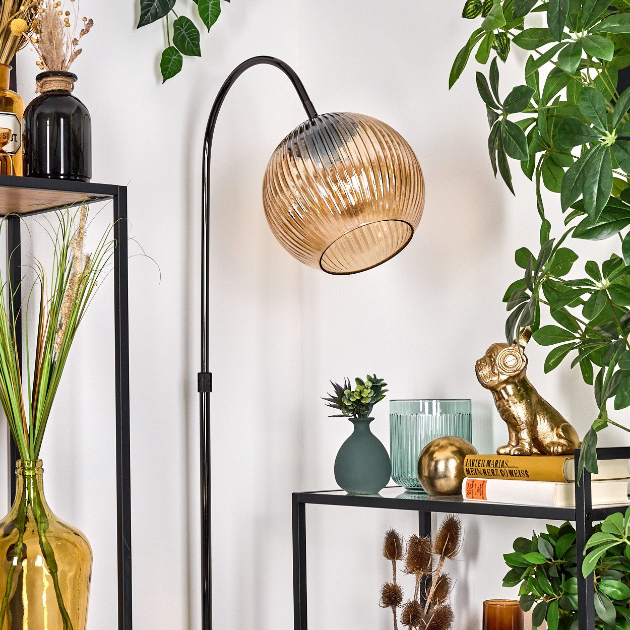 hofstein Stehlampe Stehlampe Metall/Riffelglas in Schwarz/Chrom/Bernstein günstig online kaufen