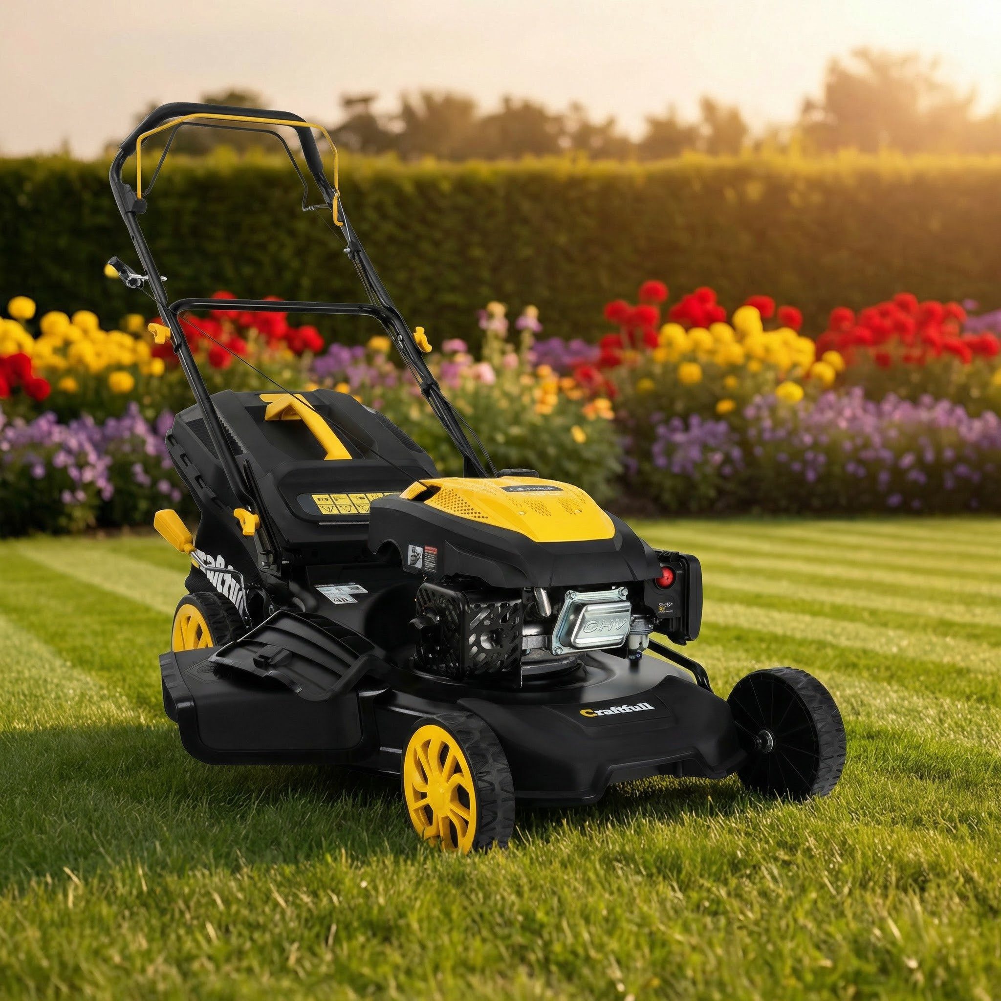 Craftfull Benzinrasenmäher CR-196-30 - 6 PS, 190 cm³ Rasenmäher Benzin 53cm Schnittbreite, 53 cm Schnittbreite, (Benzinrasenmäher mit Seitenauswurf, Benzin Mäher, Benzin Rasenmäher), Benzin Rasenmäher mit Selbstantrieb