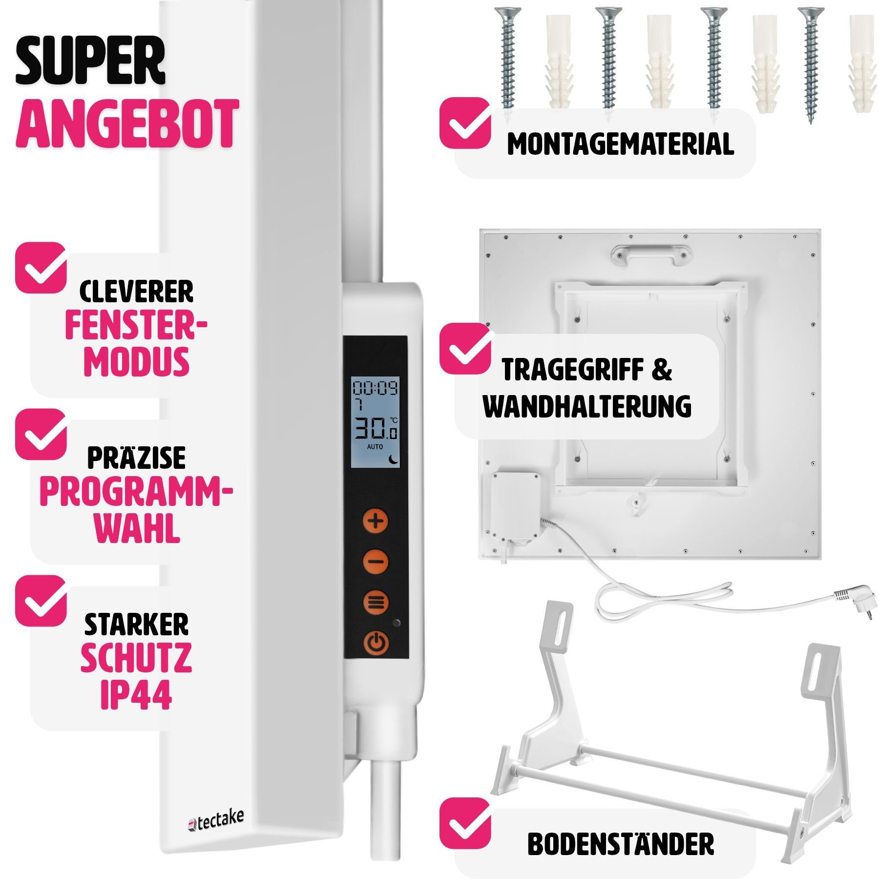 tectake Heizkörper Infrarotheizung, rahmenlos mit Thermostat