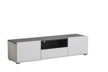 möbelando TV-Board Borca, Modernes TV-Lowboard, Front aus MDF in Weiß-Hochglanz, Korpus aus melaminbeschichteter Spanplatte in Opaque White, Absetzungen in Schwarz mit 2 Holztüren, 1 Schubkasten und 1 offenen Fach. Breite 153 cm, Höhe 38,5 cm, Tiefe 41,5 cm