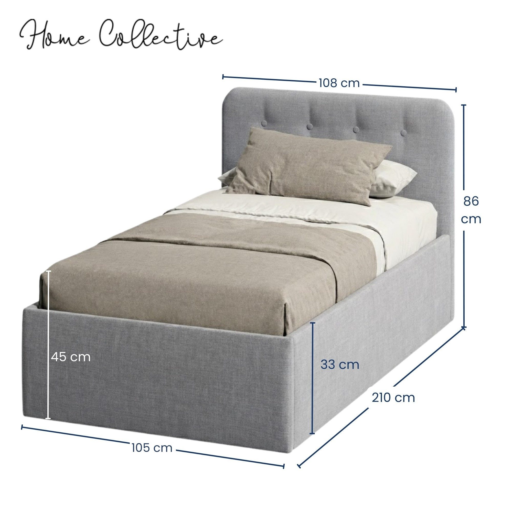 Home Collective Polsterbett Bett mit Stauraum, verstellbarem Lattenrost, viele Größen (Größen: 100x200 120x200 140x200 160x200 180x200 200x200, hochwertiger Strukturstoff, made in Germany), modernes Design mit hochwertigem Strukturstoff 100x200 cm, Grau
