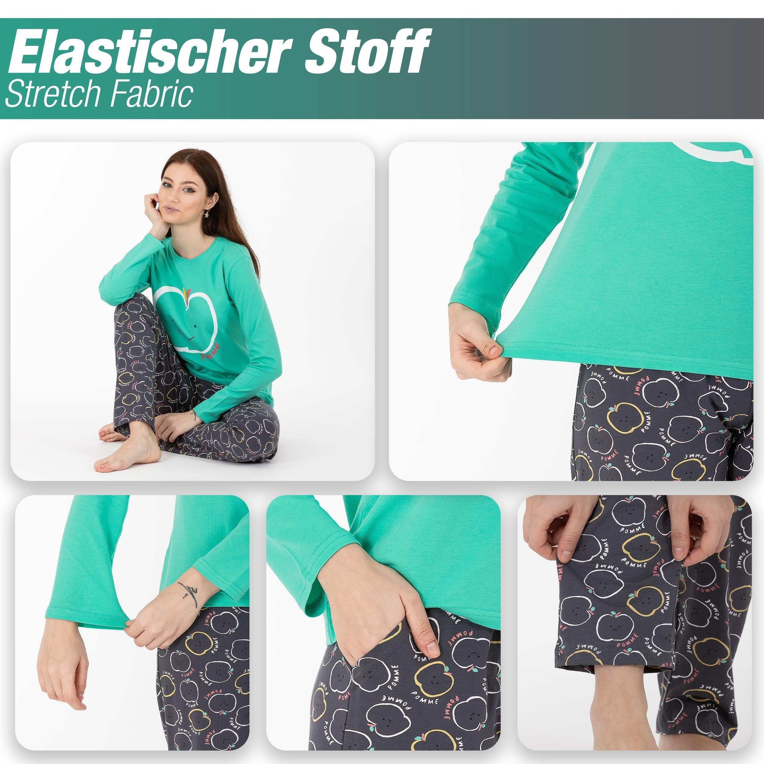 tlg) langar LOREZA Set Grün Pyjama Schlafanzug 2 Nachtwäsche Schlafanzug zweiteiliger Hausanzug Damen (Set,