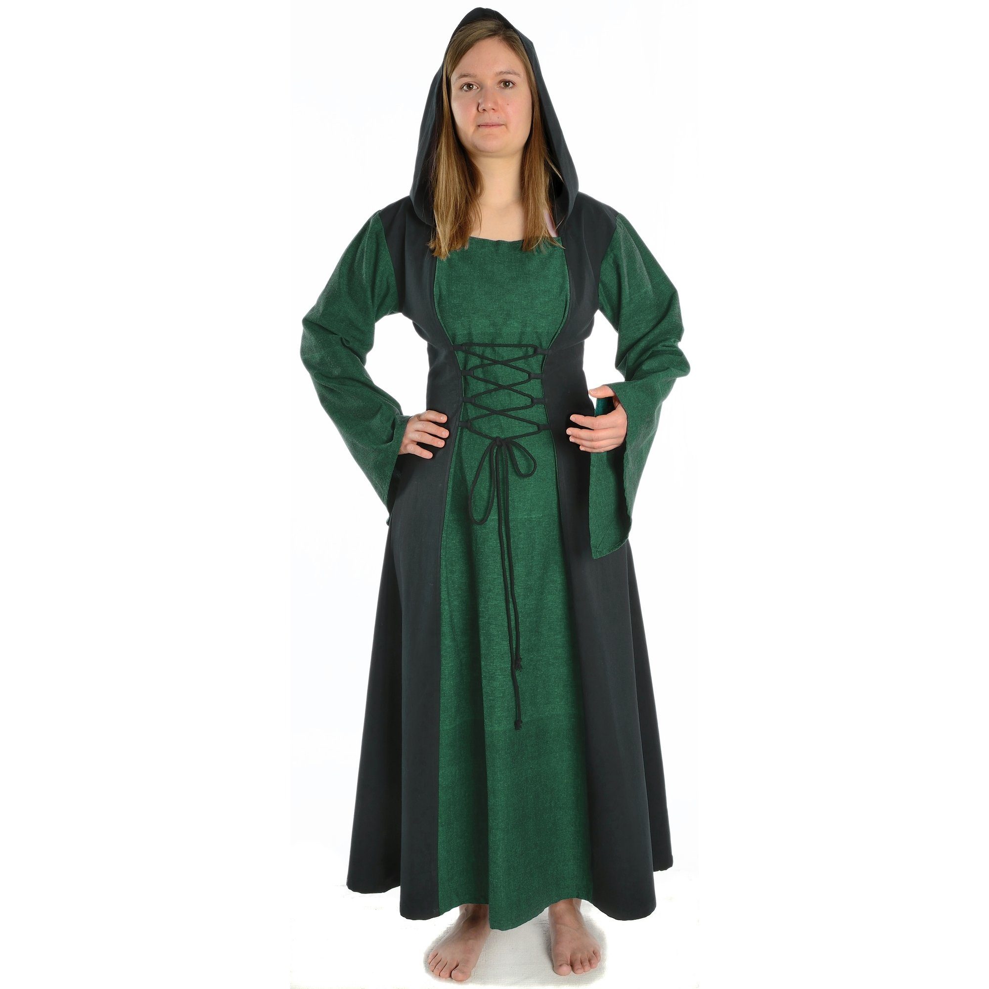 HEMAD Burgfräulein-Kostüm Mittelalter Kleid Liebgart, mit Gugelkapuze & Trompetenärmeln
