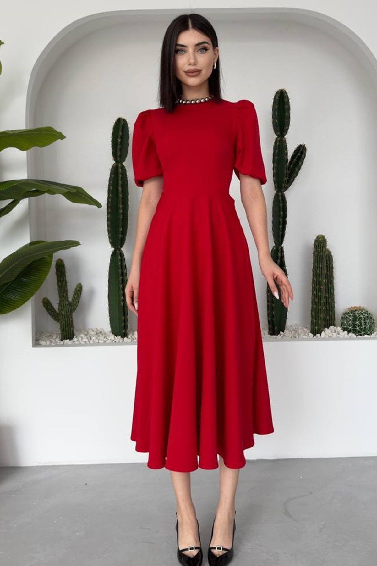 WOMAN VISION Minikleid Midi-Kleid mit Rundhalsausschnitt und ausgestelltem Rock