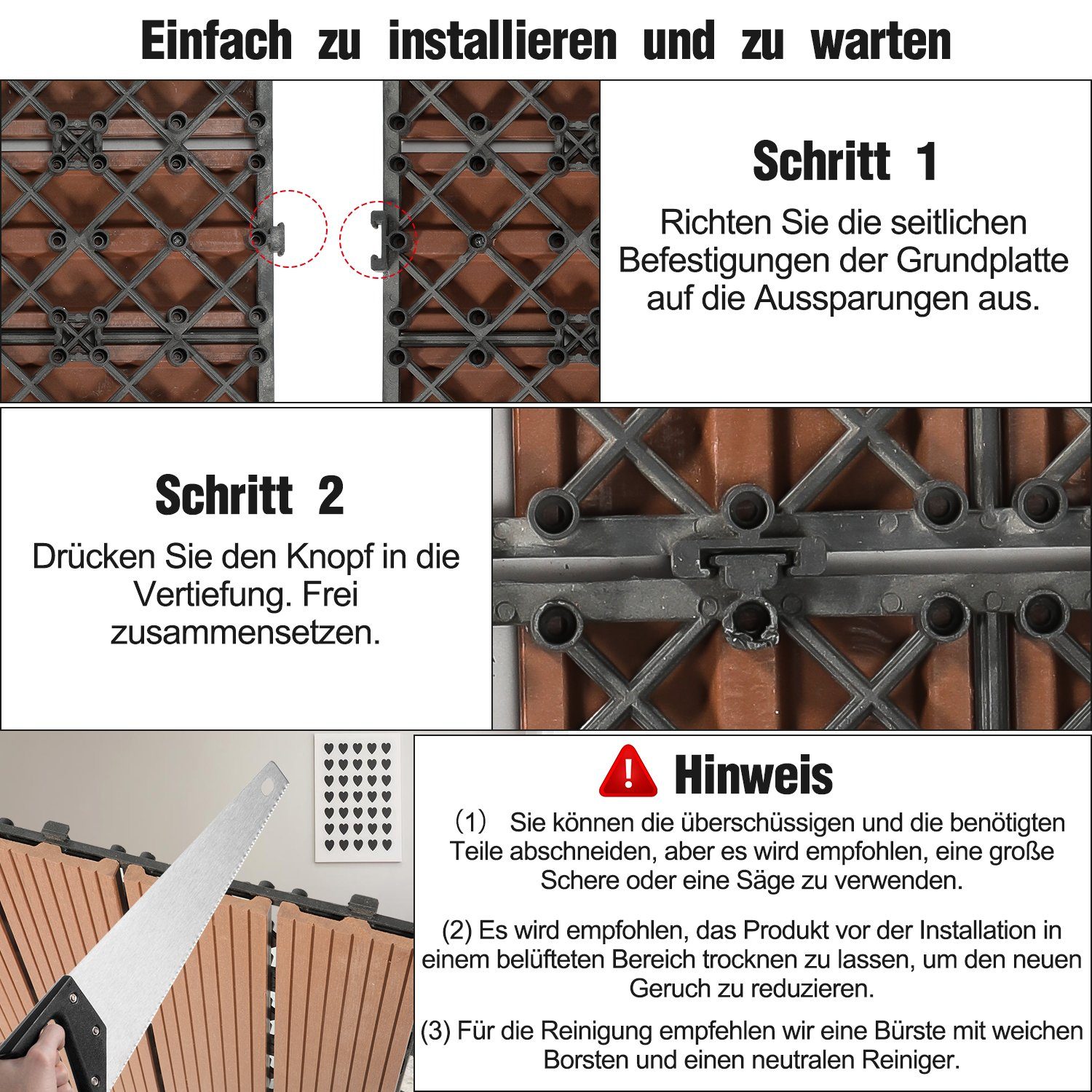 mit Bodenbelag Braun für Holzfliesen 1m² Terrassenfliesen Garten Drainage in Balkon, 30x60cm Holzoptik Holzfliesen Klicksystem und Lospitch