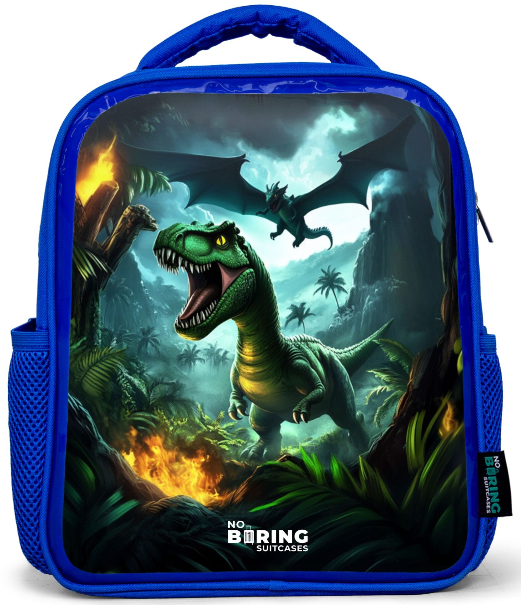 NoBoringSuitcases.com© Rucksack Blau - Dinosaurier und Drache im feurigen Dschungeltal, Kinderrucksack, Schulrucksack, Freizeitrucksack, Jungen, Kindergarten