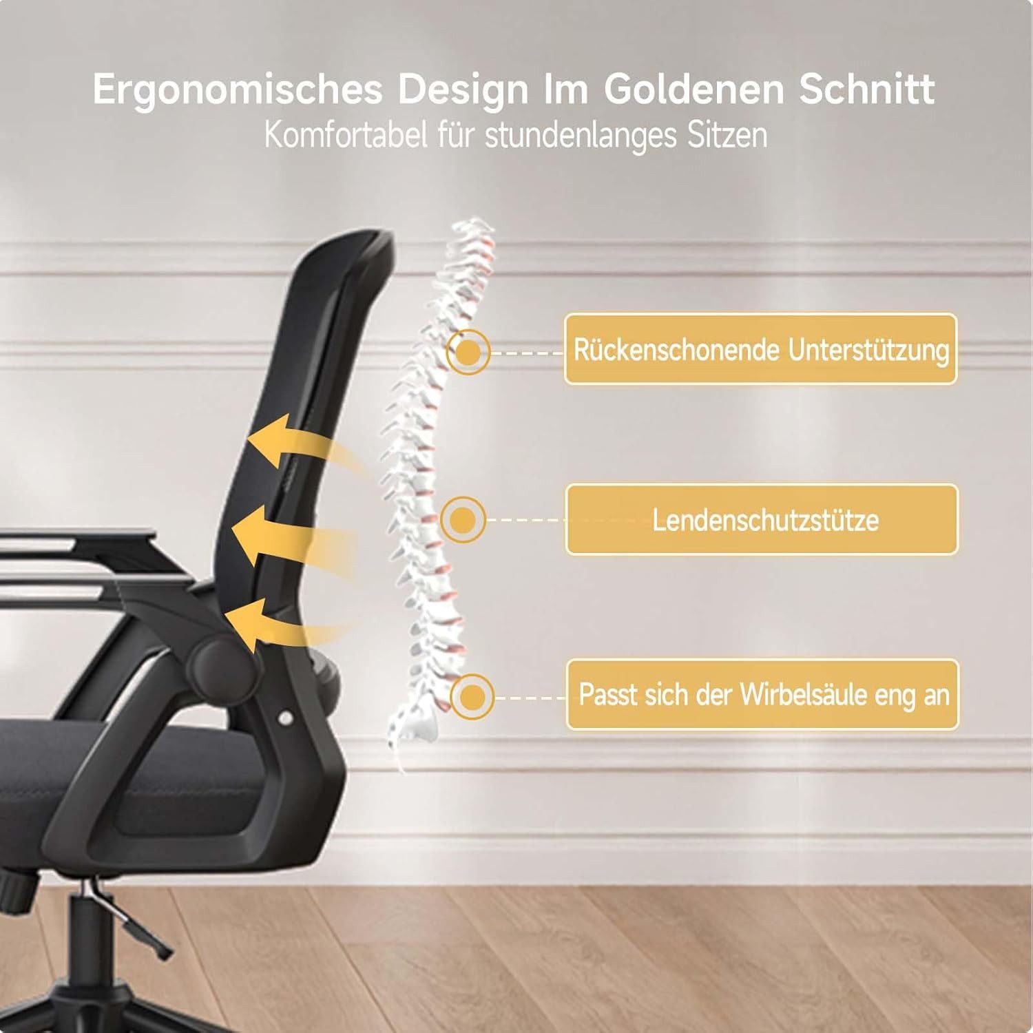 ZAISZE Bürostuhl Ergonomischer Bürostuhl mit Mesh-Rückenlehne und Lendenstütze (Verstellbarer Armlehnen, Atmungsaktiv, Höhenverstellbarer Schreibtischstuhl mit  – Bild 2 von 5