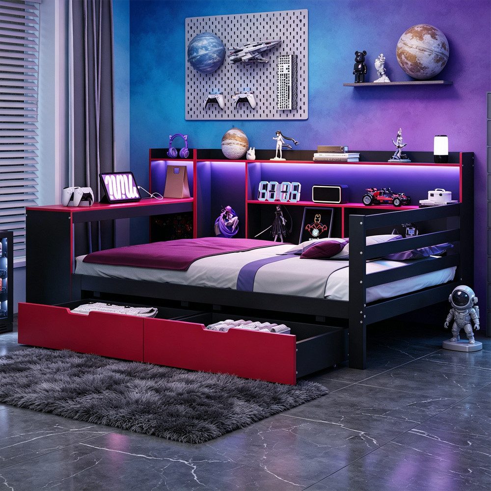 OKWISH Schlafsofa Kinderbett Funktionsbett, mit Schubladen, integriertem Schreibtisch, Regalen, Staufächern, Beleuchtung und Steckdosen 90x200 cm, ohne Matratze