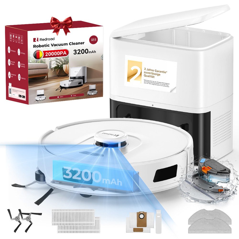 redroad Saugroboter 20000 Pa 3200 mAh/100 Min Saugroboter mit Wischfunktion Absaugstation, 36 W, mit Beutel, LiDAR Navigation,Wi-Fi 2,4 GHz/5GHZ/BLE,saugroboter mit wischfunktion