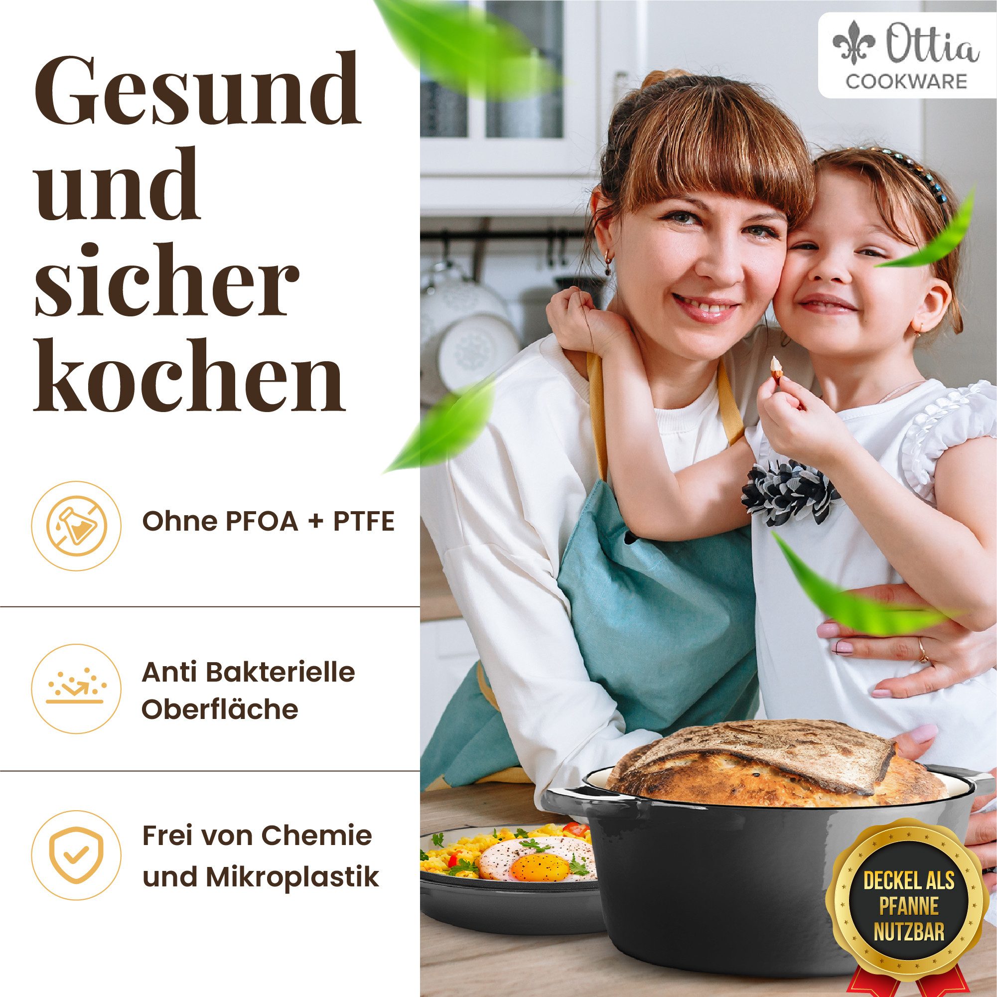 Ottia Schmortopf Gusseisen Topf, Brot backen, Dutch Oven, 2-in-1, 26cm, 5 Liter, Emaille, Gusseisen (inkl. E-Book), Händler aus Hamburg