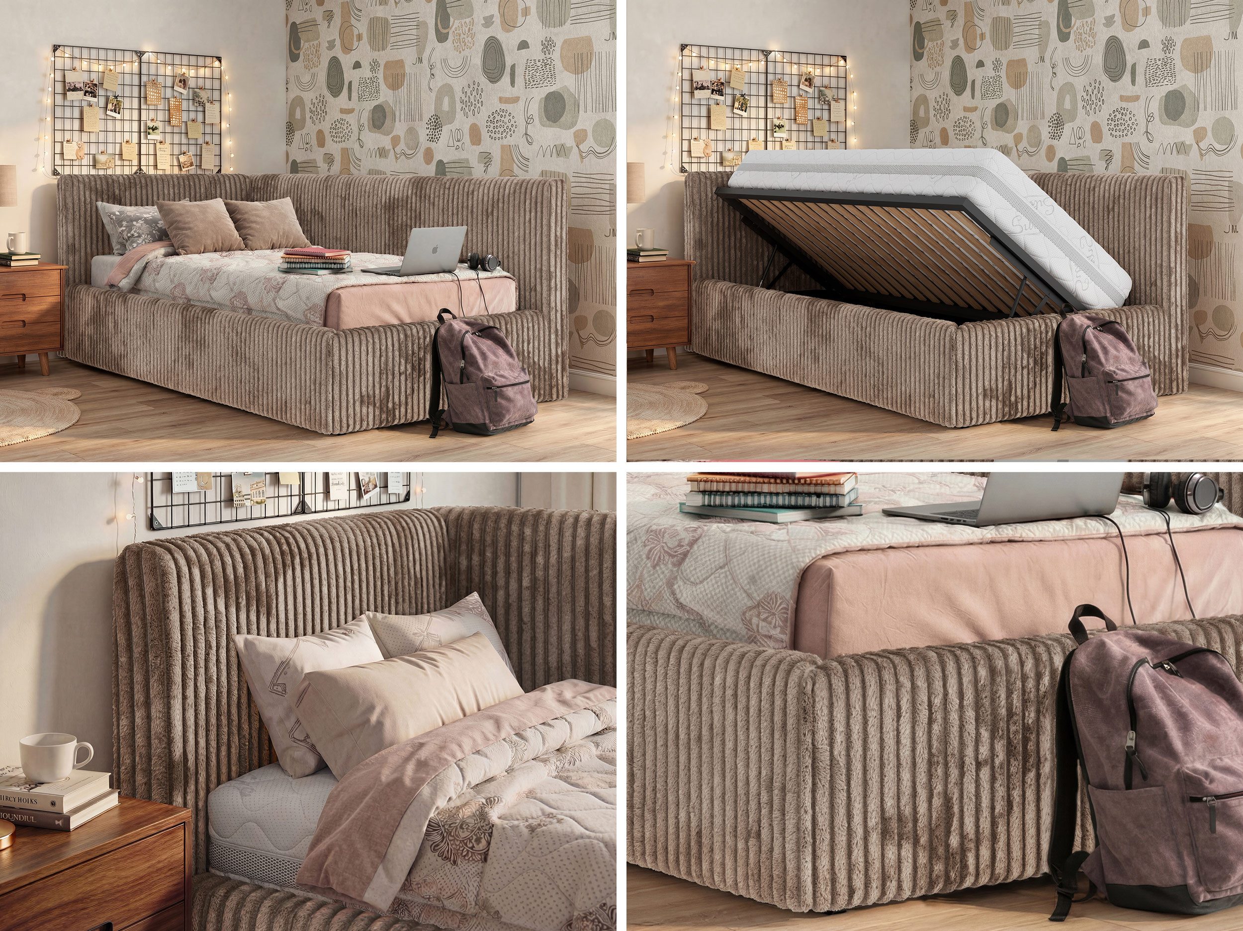 MKS MÖBEL Jugendbett TILVO (Set, Cordstoff Bett, inkl. Lattenrost, Bettkasten, gepolsteres Kopfteil), Eckbett mit Stauraum & Gasdruckfedern