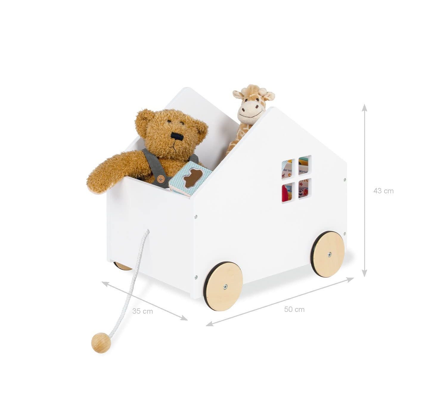 Pinolino® Hydda Toy Chest, House-Shaped Toy Box with Pull Cord & Wheels - White (1 pc)